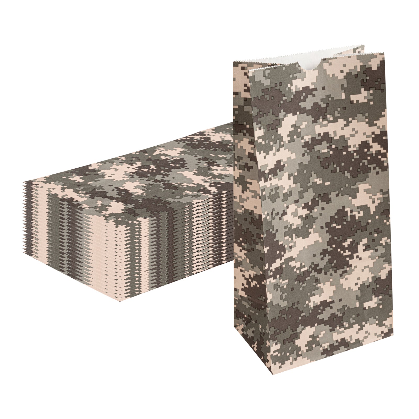 Camouflage Paper Bags 8 lb - 6 x 4 x 11.75 Inches - 100 Count Box - Heavy Duty Kraft Gift Bags for Hunting, Camping & Outdoor Adventures
