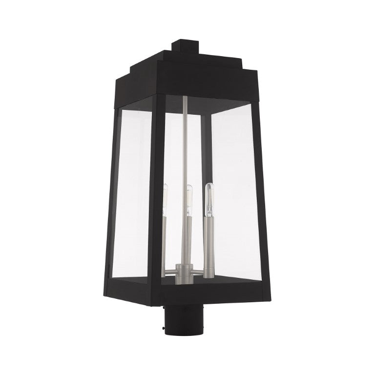 Oslo Candelabra Base Light Bulb Socket - 10.5x10.5x24.75 Inch Outdoor Post Top Lantern in Solid Brass & Clear Glass with Black Finish - 120V E12 Base for Garden, Patio, Pathway & Exterior Lighting