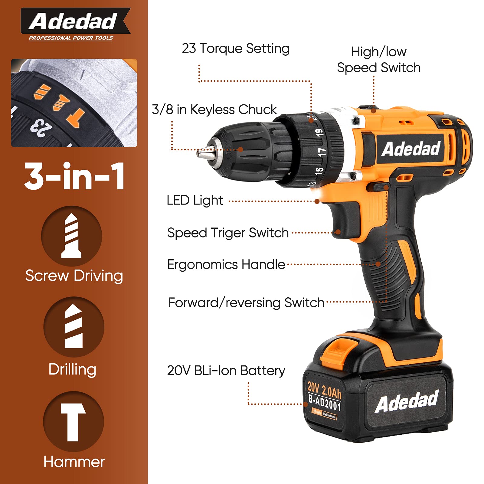 20V Cordless Drill Set with 2 Batteries & Charger - 300 in-lbs Torque, 3/8