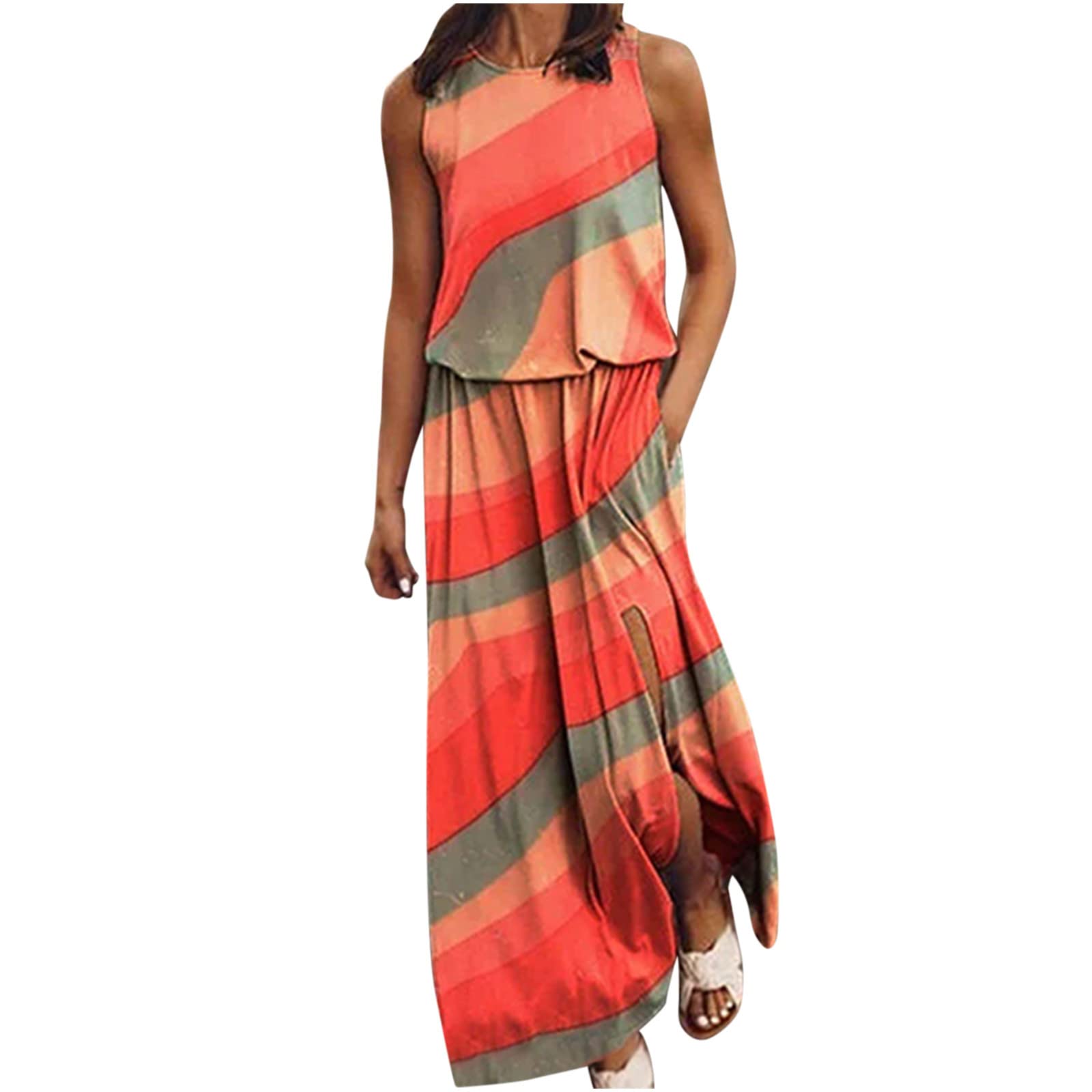 Women's Floral Patchwork Maxi Sundress - Sleeveless Loose Fit Round Neck Long Tank Dress for Summer | Beach Vacation, Party, Casual Outfit