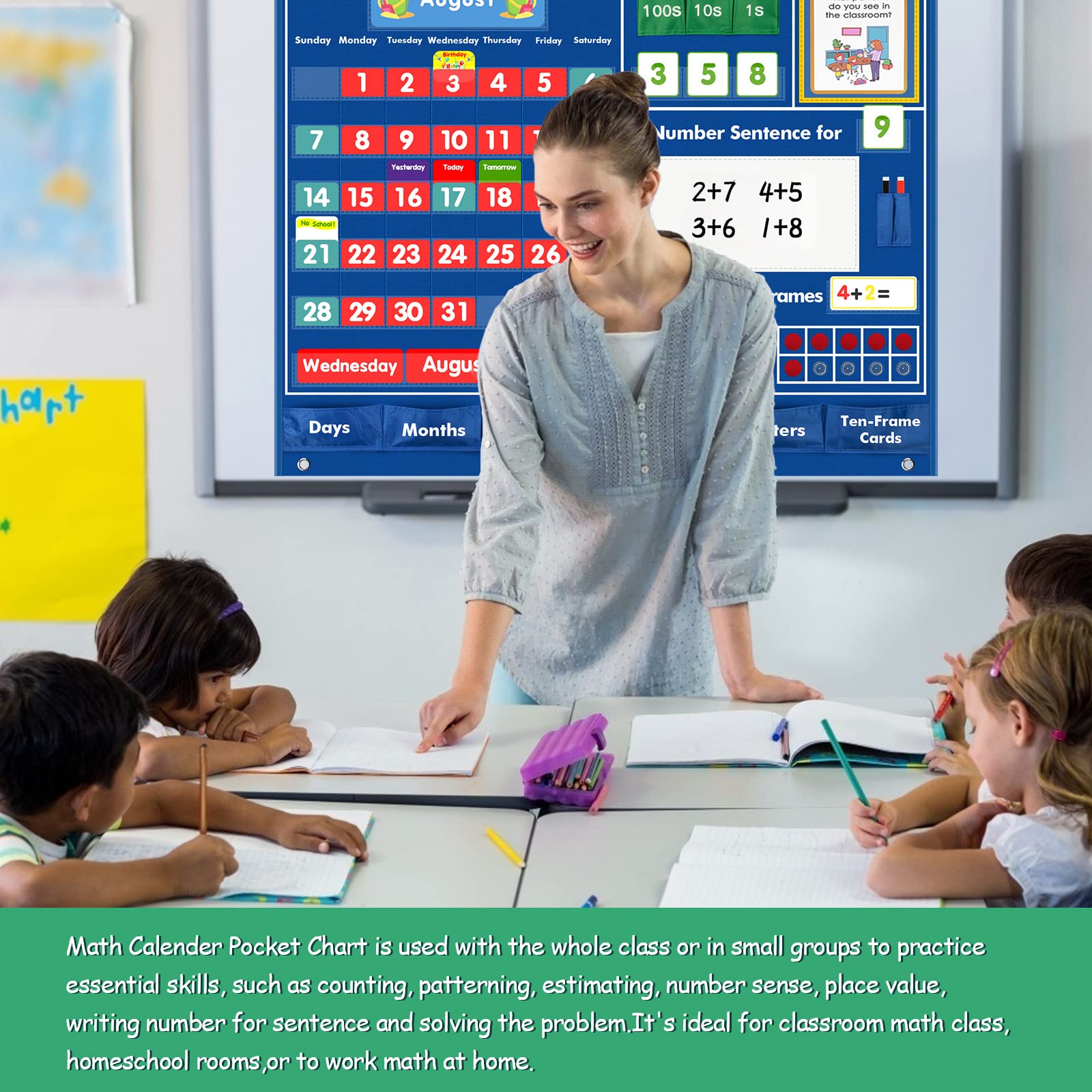 KIGOAL Daily Math Calendar Pocket Chart - Educational Classroom Teaching Tool for Elementary & Preschool Number Activities | Perfect for Morning Routines, Counting Practice & Interactive Learning