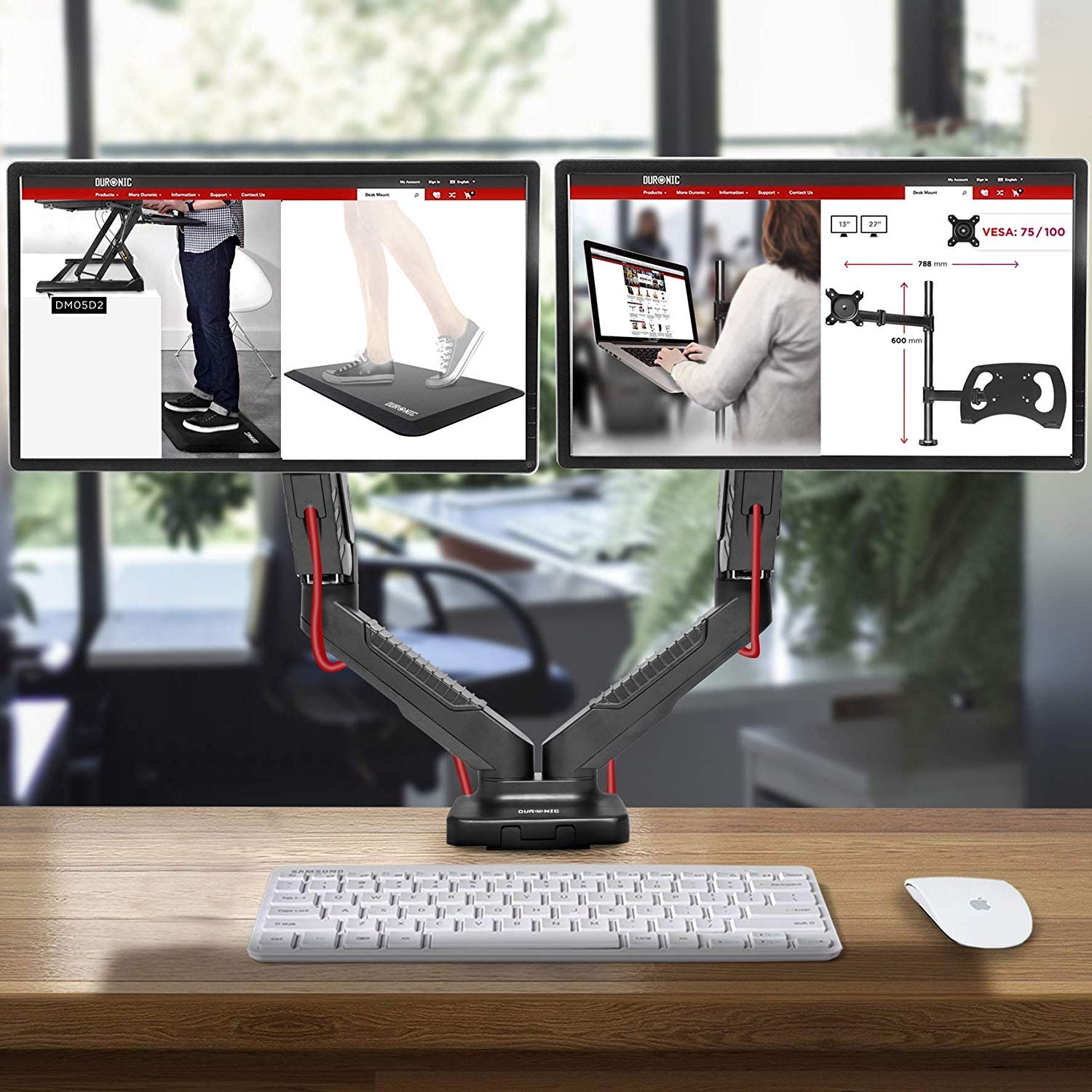 Duronic DMDC52 Dual Monitor Arm Stand - Black Gas Spring Desk Mount for 13-24 Inch Screens | Height Adjustable VESA 75/100 | 6.5kg Capacity | 90° Tilt, 180° Swivel, 360° Rotation | Perfect for Home Office & Gaming Setup