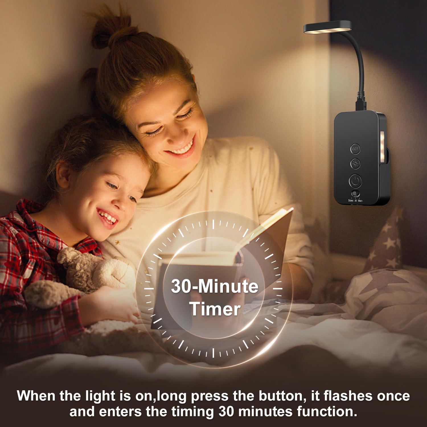 Ellasay Rechargeable LED Reading Light - 3 Color Stepless Dimmable Book Light with Timer, Portable Bedside Lamp for Night Reading, Detachable Wall Light for Bedroom, Study & Travel - Black