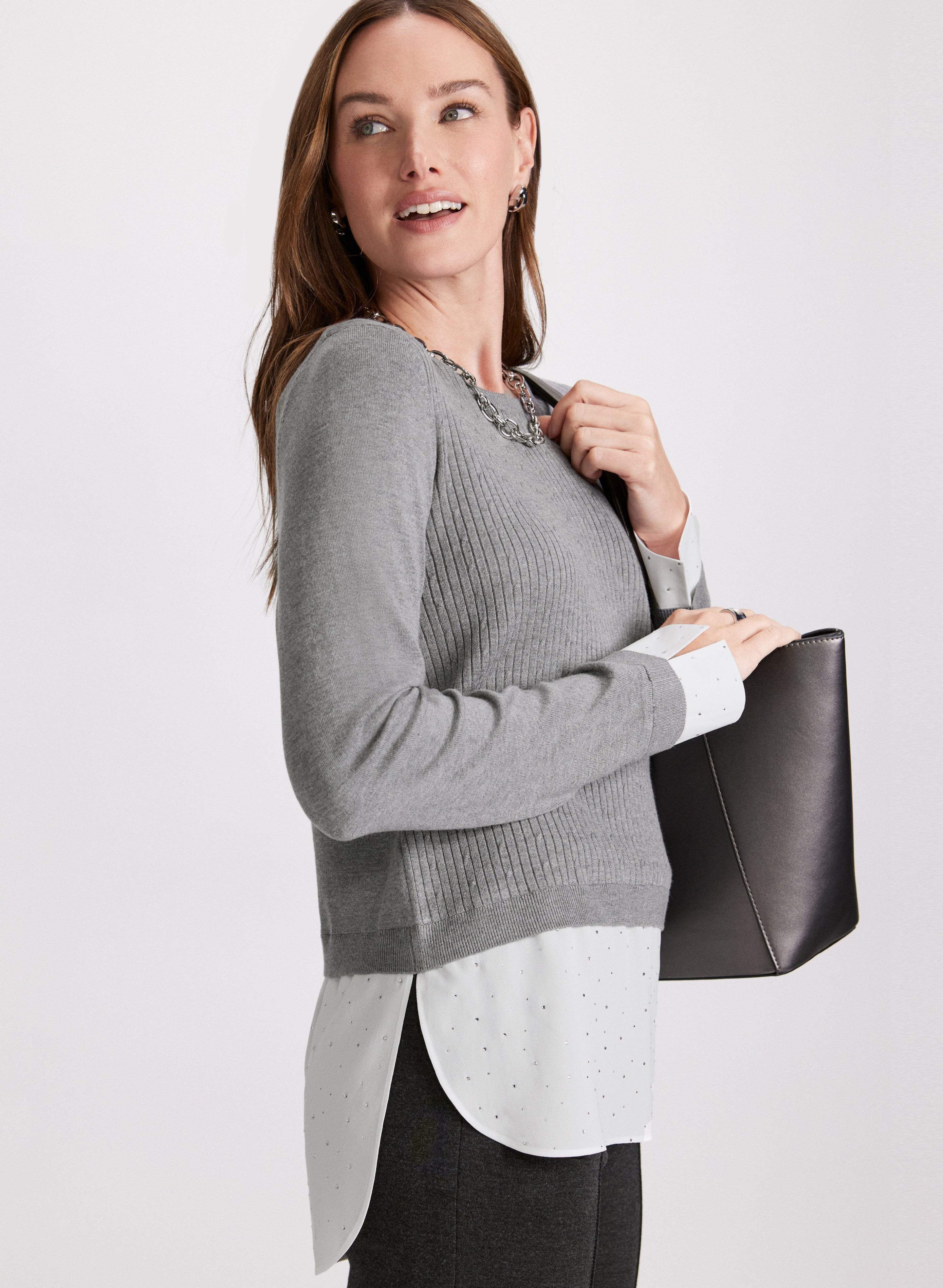 Women's Faux Layered Pullover Sweater - Soft Knit Long Sleeve Tops for Fall & Winter - Perfect for Office, Casual Outfits and Holiday Gatherings