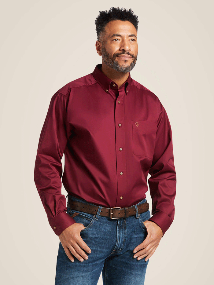 Ariat Men's Solid Twill Classic Fit Shirt - Burgundy Red Casual & Work Shirt for Outdoor Activities & Office Wear