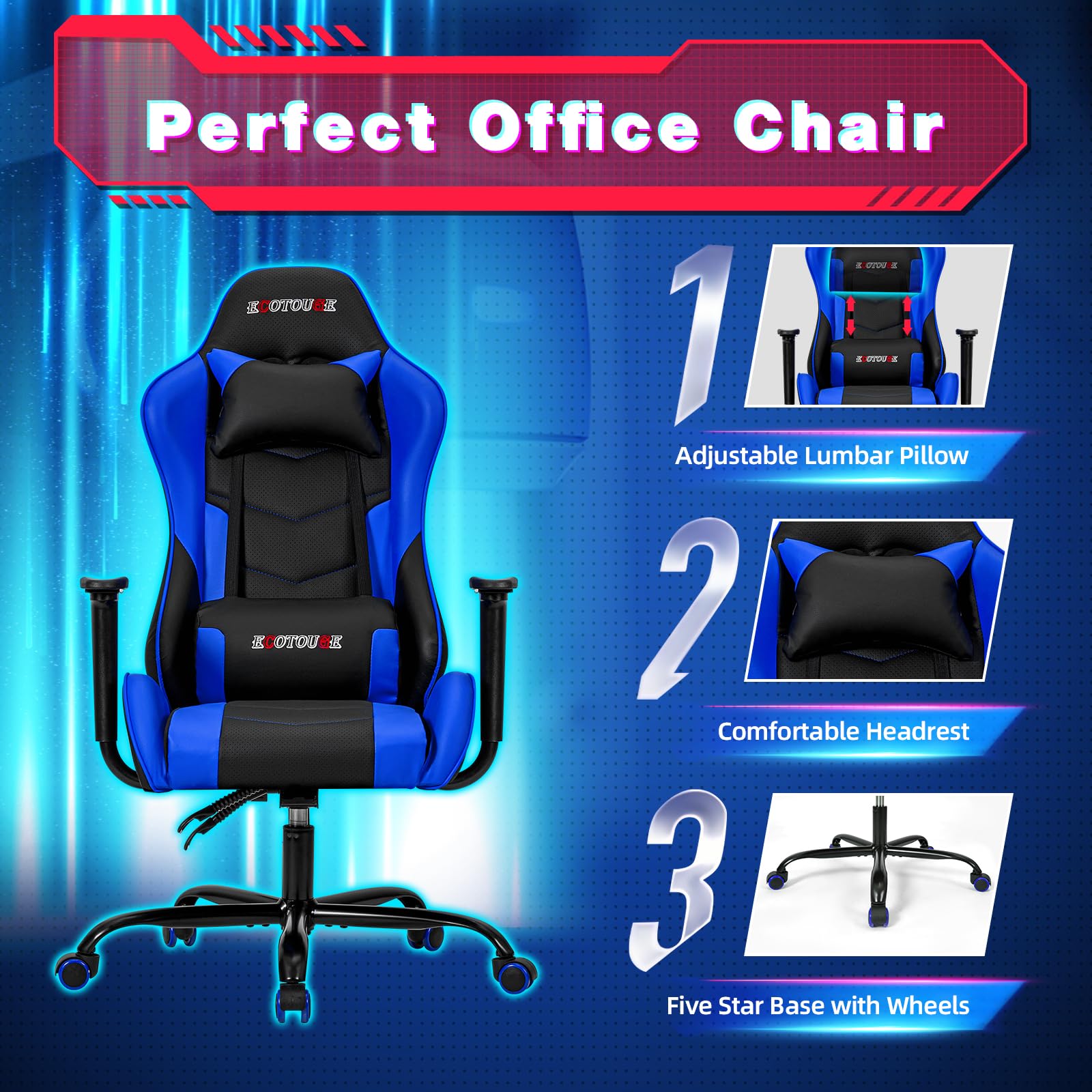 Premium ECOTOUGE Ergonomic Gaming Chair - Adjustable Headrest & Lumbar Massage Pillow - PU Leather Racing Style Office Desk Chair with 360° Swivel & Recliner - Black & Blue - Perfect for Esports, Streaming & Home Office Workstations