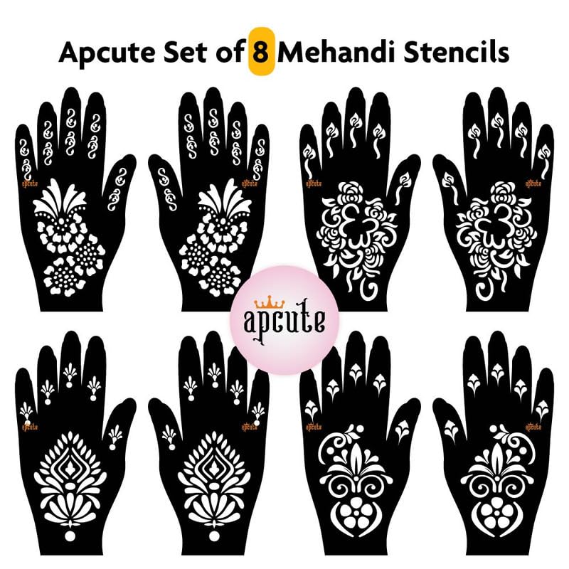 Apcute 8-Piece Full Hand Mehndi Stencil Kit | Temporary Henna Tattoo Stickers for Women & Girls | Easy 4-Step Application | Perfect for Weddings, Festivals & Cultural Events (Designs 208, 124, 108, 109)