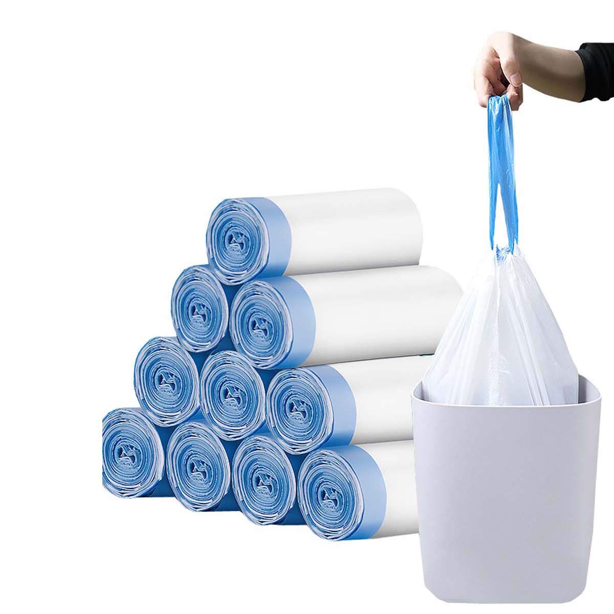 Eco-Friendly Biodegradable Trash Bags - 75 Count Compostable Kitchen Garbage Bags with Drawstring, 3-4 Gallon Recyclable Waste Bags (5 Rolls, White) - Perfect for Food Waste, Home & Office Use