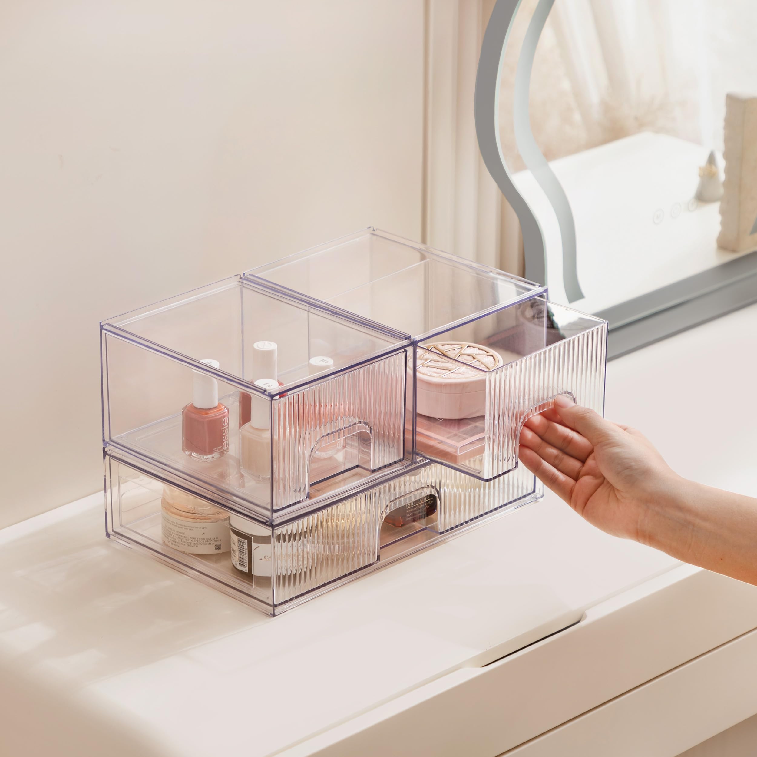 Clear Stackable Desk Storage Drawers - 3 Pack Acrylic Organizer Bins for Bathroom, Makeup, Pantry & Cabinet | Easy Assembly Multipurpose Plastic Drawers for Vanity, Undersink & Brightroom Organization | Perfect for Home, Office & Dorm Room Storage Solutions