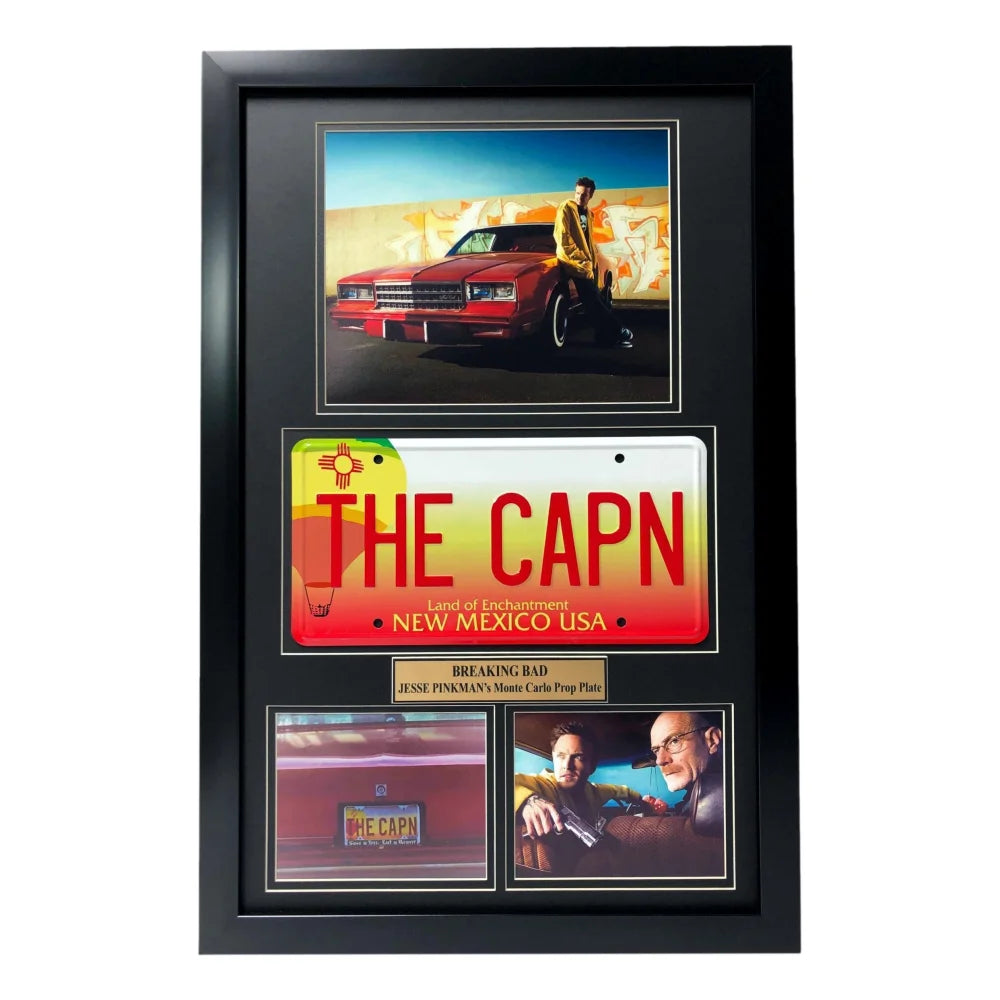 Bryan Cranston & Aaron Paul Signed Dos Hombres Mezcal Bottle - Breaking Bad Memorabilia with Framed License Plate Collage - JSA Certified Autograph - Perfect for Breaking Bad Fans & Collectors - Great Gift for TV Show Enthusiasts & Home Bar Decor