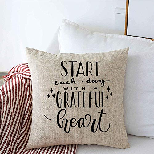 16x16 Inch Decorative Throw Pillow Covers - Abstract Quote Typography with Grateful Heart Design for Couch, Bed & Sofa | Linen Square Cushion Covers for Home Decor, Living Room & Bedroom