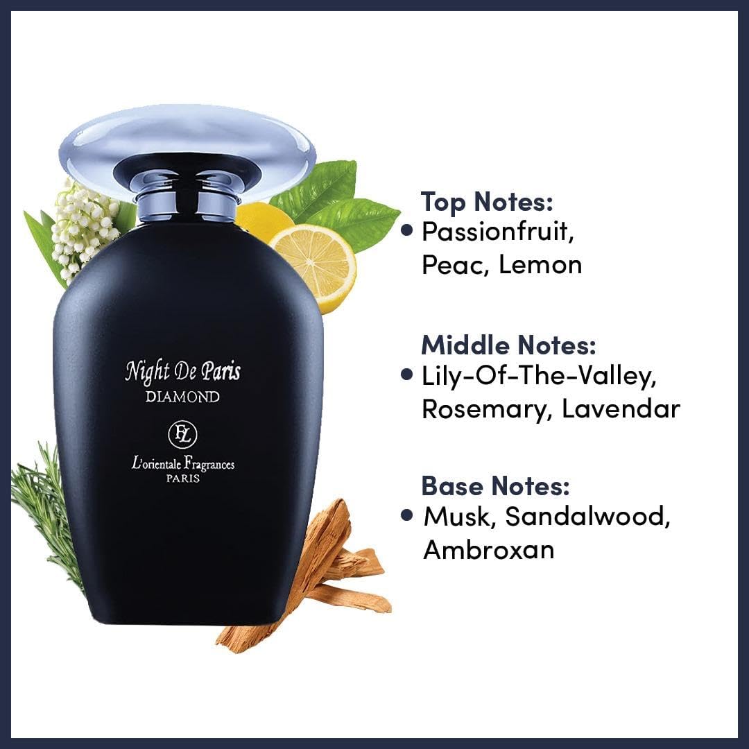 L'Orientale Fragrances Night De Paris Diamond Tester Eau de Parfum - 3.4oz (100ml) Unisex Perfume with Bergamot & Rose Notes | 24 Hour Long-Lasting Scent | Sophisticated & Elegant Fragrance for Date Night, Evening Events & Special Occasions