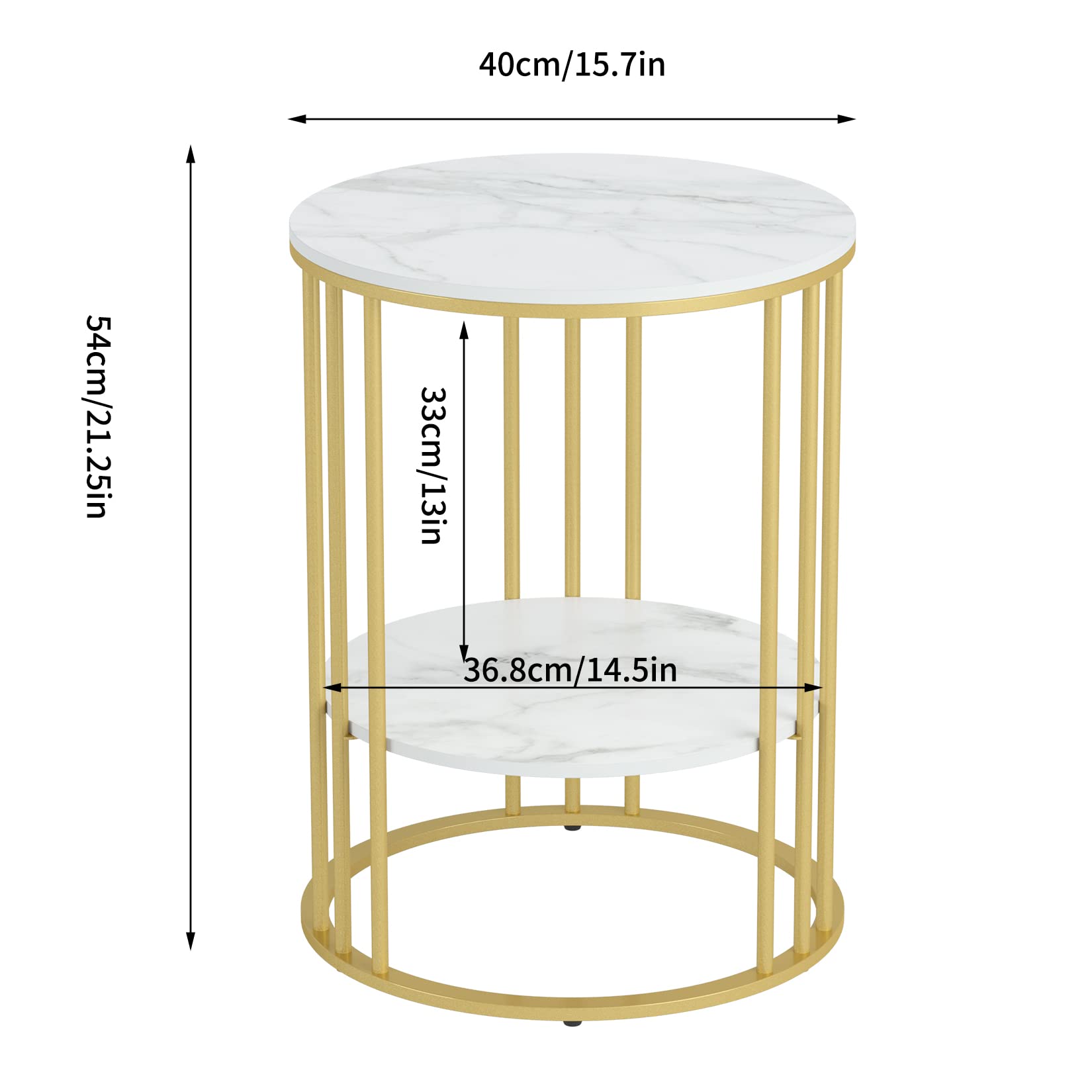 Wisfor Sintered Stone End Table - 2 Tier Round White Side Table with Golden Frame - Modern Small Coffee Table & Nightstand for Living Room, Bedroom - Perfect for Holding Drinks, Books & Decor