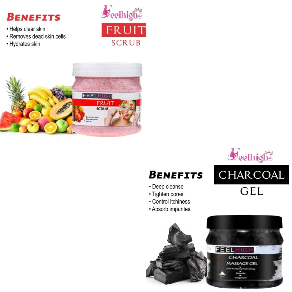 Feelhigh Exfoliating Face & Body Scrub with Fruit Extracts & Charcoal Massage Gel - 2-Piece Skincare Set for Deep Cleansing & Detox - Perfect for Spa Day & At-Home Self Care