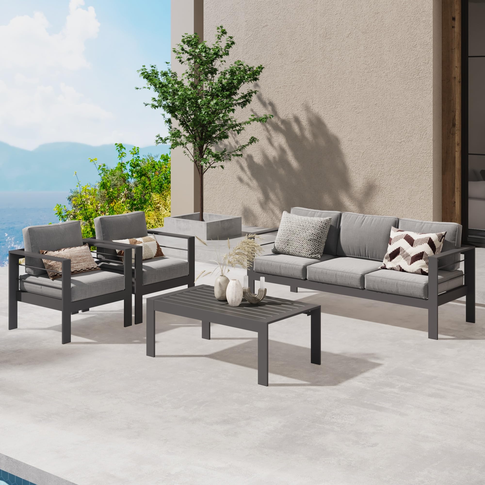 Wisteria Lane 7-Piece Aluminum Outdoor Patio Furniture Set - Modern Dark Grey Metal Sectional Sofa with 5