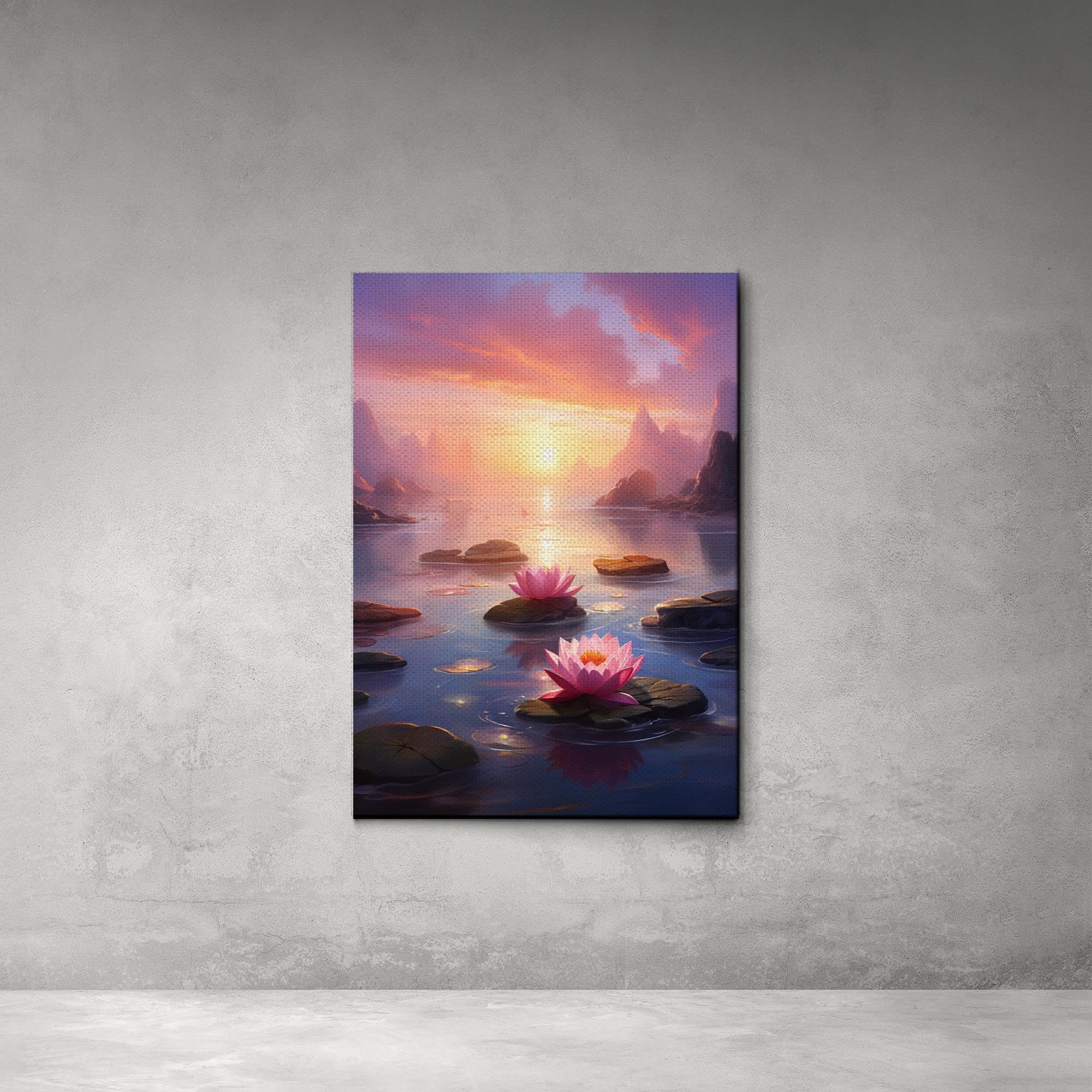 Zen Wall Art Decor - Framed Canvas Print of Peaceful Zen Garden with Stone Flower & Sunset Meditation Scene - Perfect for Yoga Studios, Home Decor & Mindfulness Spaces