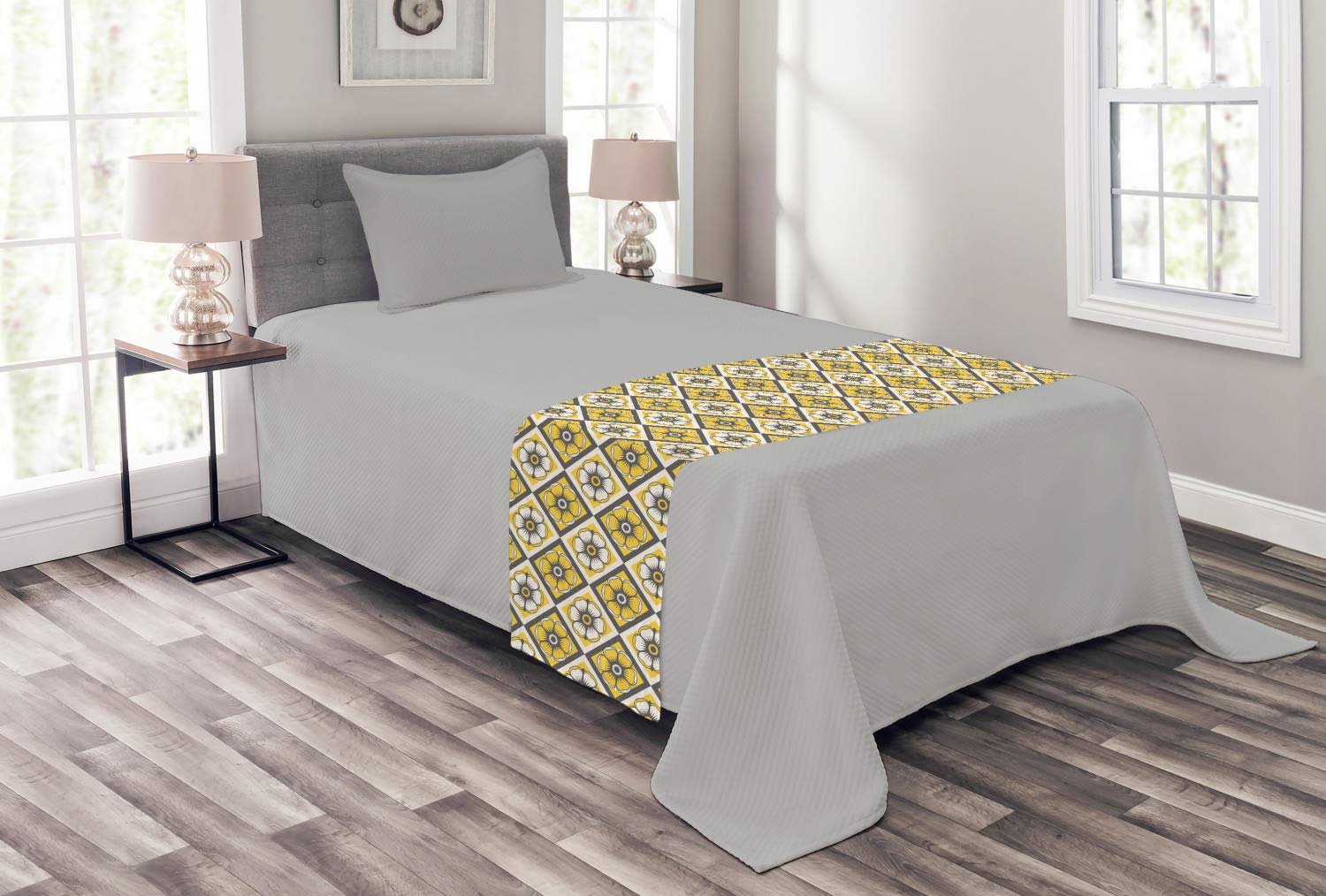 Ambesonne Grey Yellow Bed Runner - Floral Decorative Scarf for Home & Hotel Decor