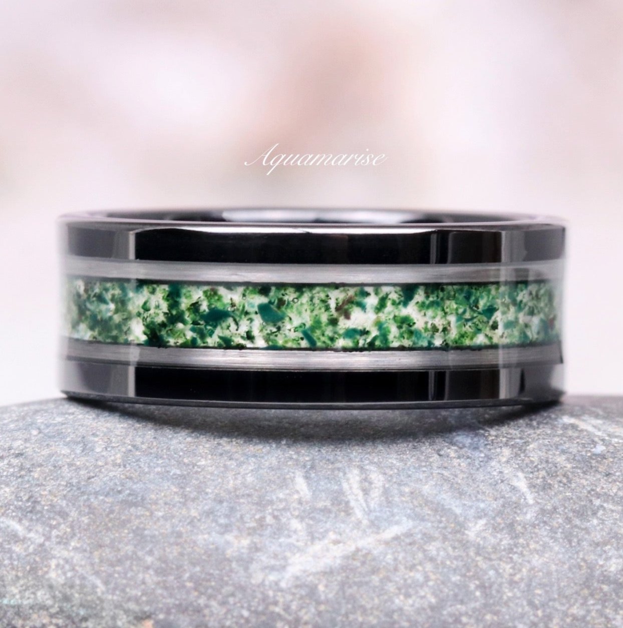 8MM Black Tungsten Moss Agate Wedding Band for Men & Women - Durable & Stylish Ring for Engagements, Anniversaries, and Everyday Wear