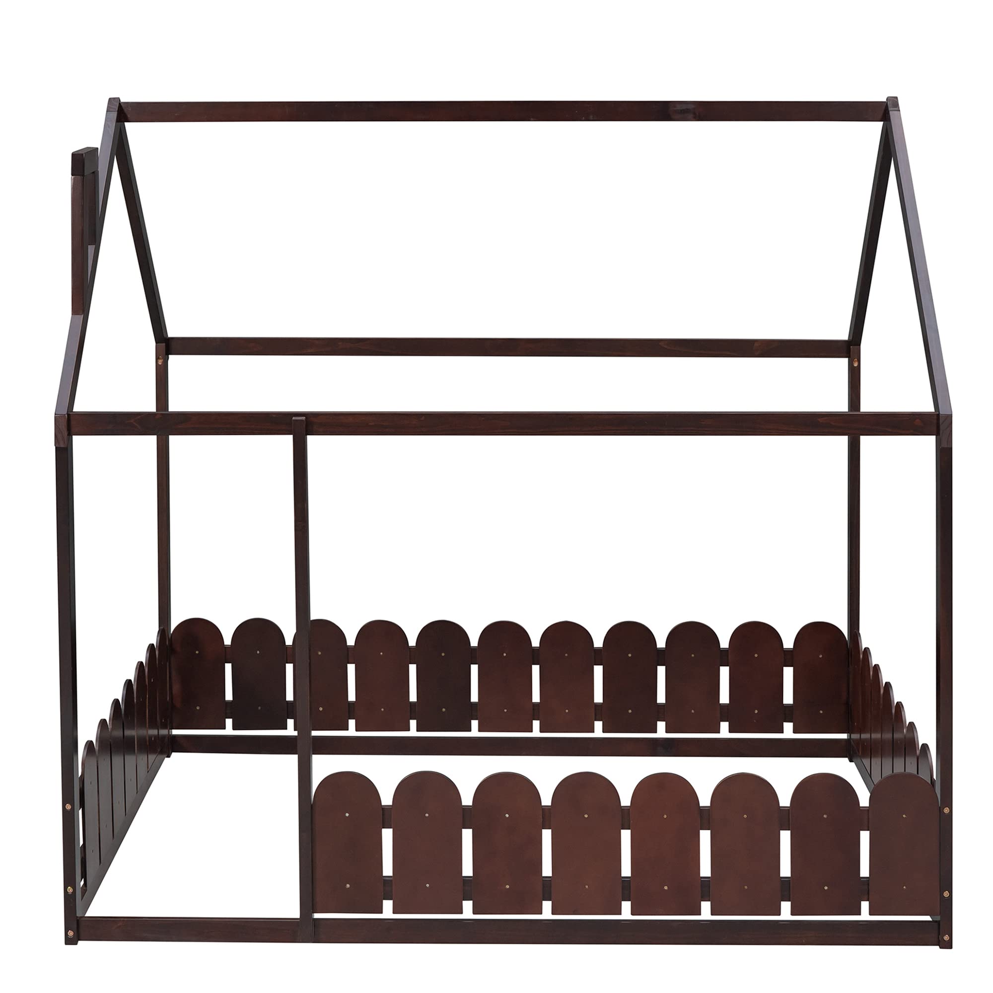 P PURLOVE Full Size Wooden House Bed Frame with Fence-Style Guardrails - No Slats Included - Espresso Finish - Perfect for Kids, Teens, Boys & Girls Bedrooms, Playrooms or Nursery Decor