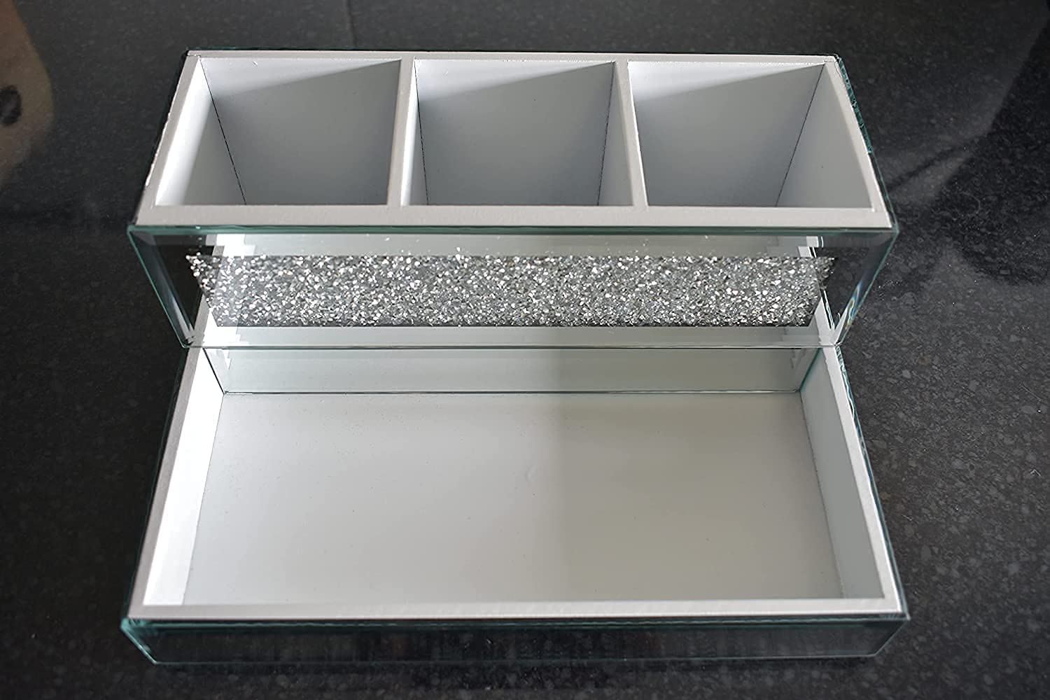 Biznest Crystal Glamour Beauty Box - Diamond Jewel Mirror Makeup Brush Organizer (25x20x10cm) | Perfect for Vanity Table, Travel & Gift | Cosmetic Storage Case for Brushes, Jewelry & Makeup Accessories