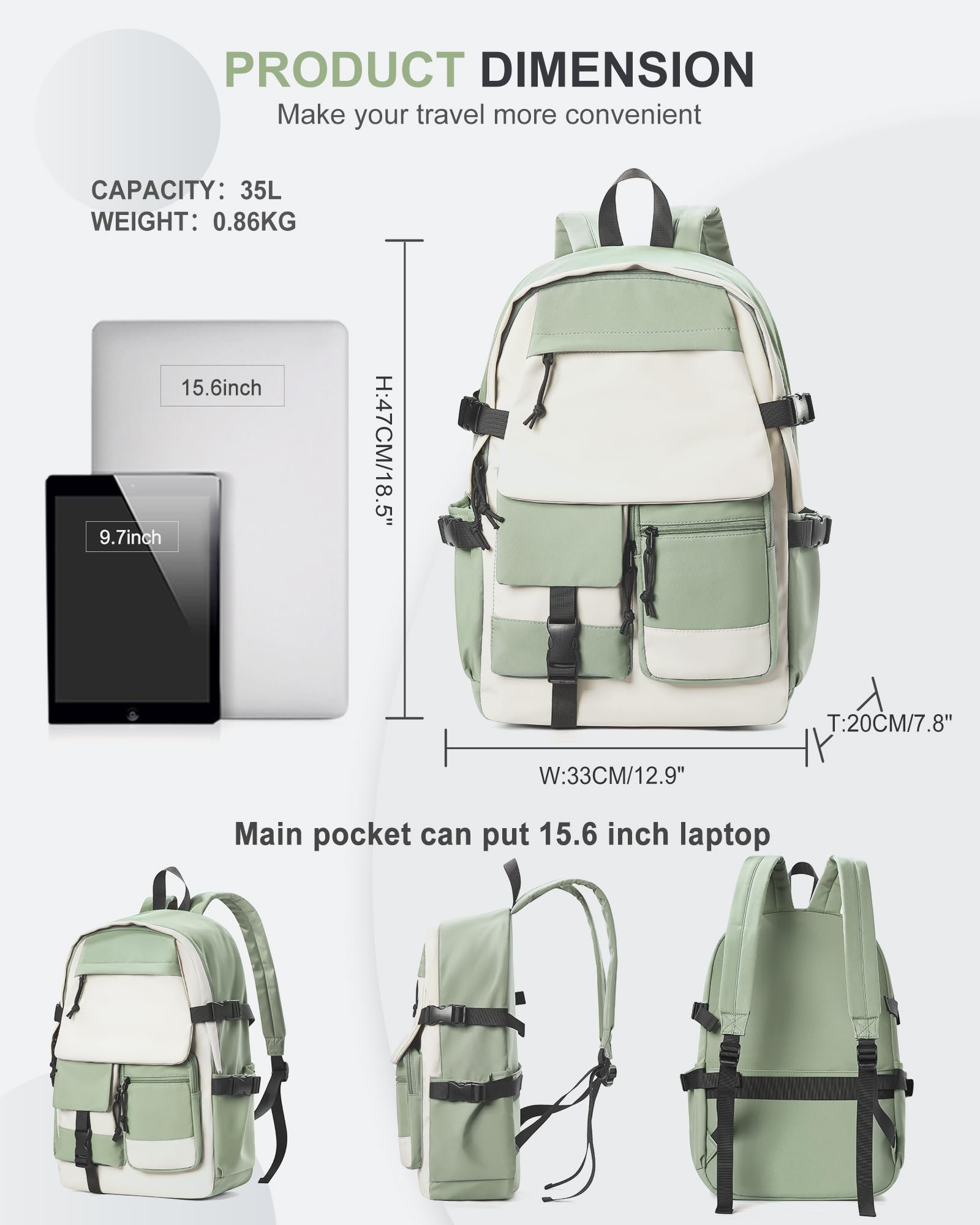 Waterproof Lightweight Travel Backpack for College Students - Small White & Green Canvas Carry On Backpack for Women & Men, Perfect for School, Commuting, Hiking & Weekend Trips