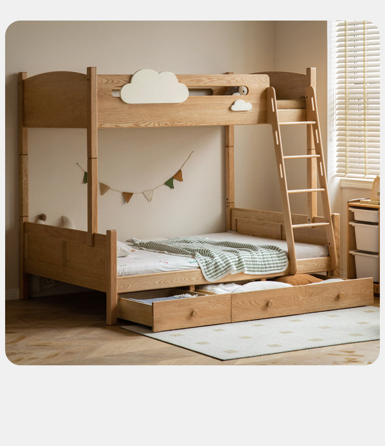Solid Oak Wood Multi-Functional Bunk Bed with Ladder & Guardrails - Space-Saving Kids Bedroom Furniture for Siblings or Sleepovers