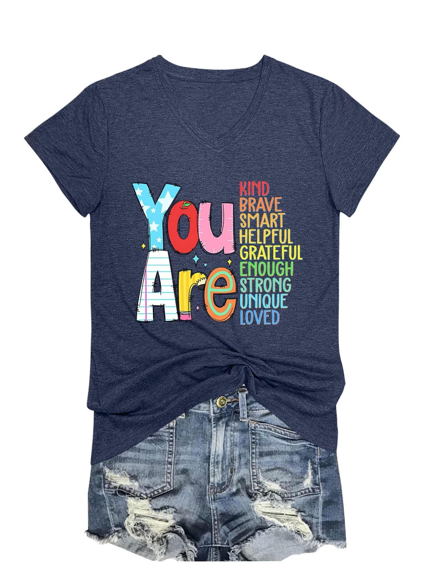 Inspirational Teacher V-Neck T-Shirts for Women - Positive Back to School Graphic Tees, Short Sleeve Casual Tops - Perfect for Classroom, Teacher Appreciation Week & School Events