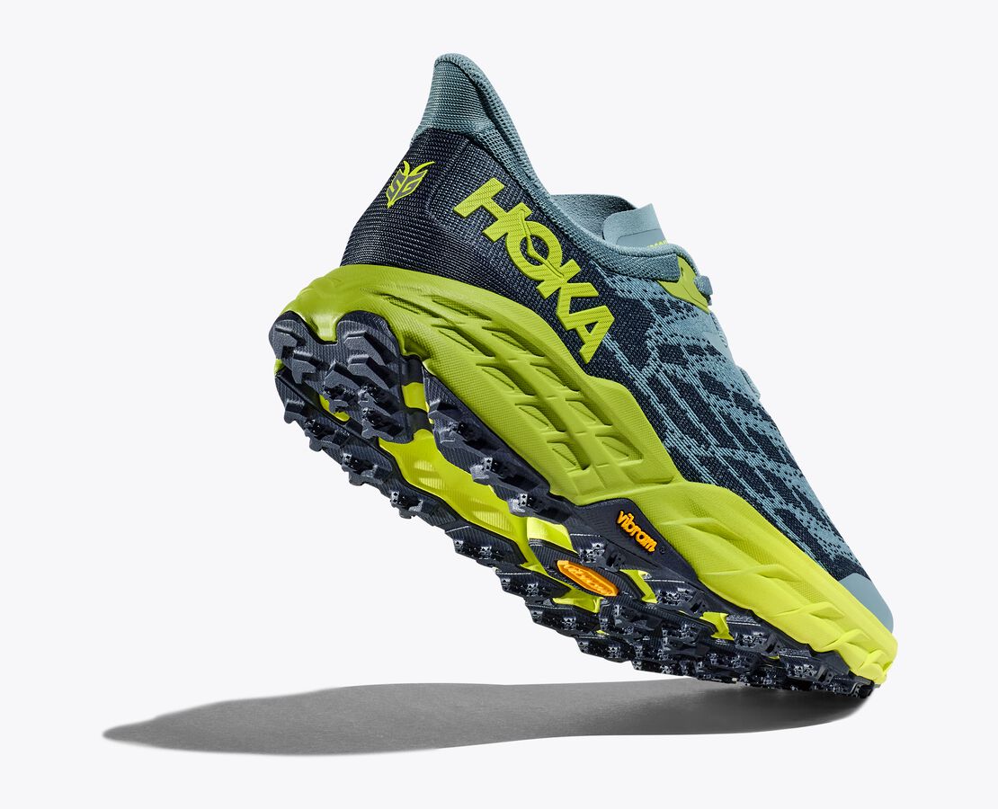 HOKA Men's Speedgoat 5 Wide Trail Running Shoes - Stone Blue/Dark Citron - Lightweight Cushioned for Hiking & Outdoor Adventures