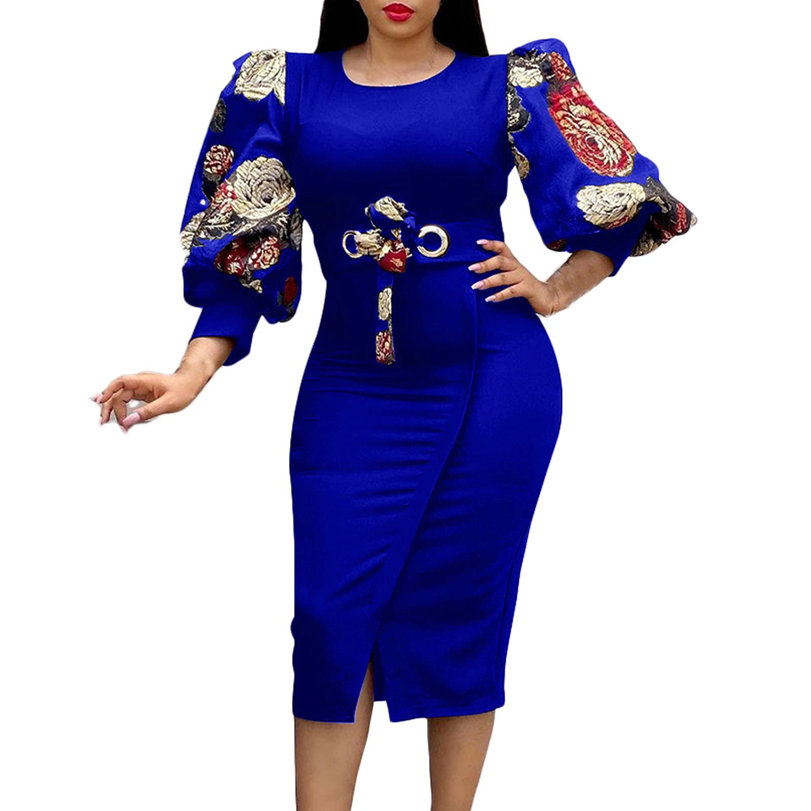 Floral Print Women's Plus Size Midi Dress with Bubble Sleeves & Round Neck - Elegant Casual & Party Wear for 2022