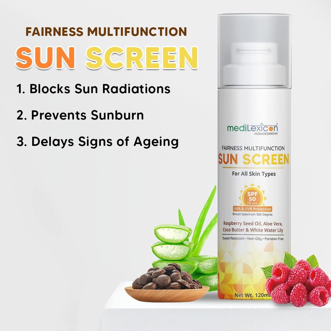MEDILEXICON Homoeopathy Fairness SPF 50 PA++++ Sunscreen Lotion (100ml) with Cocoa Butter, Aloe Vera & Raspberry Seed Oil - Ideal for Indian Weather - Daily UV Protection for Face & Body