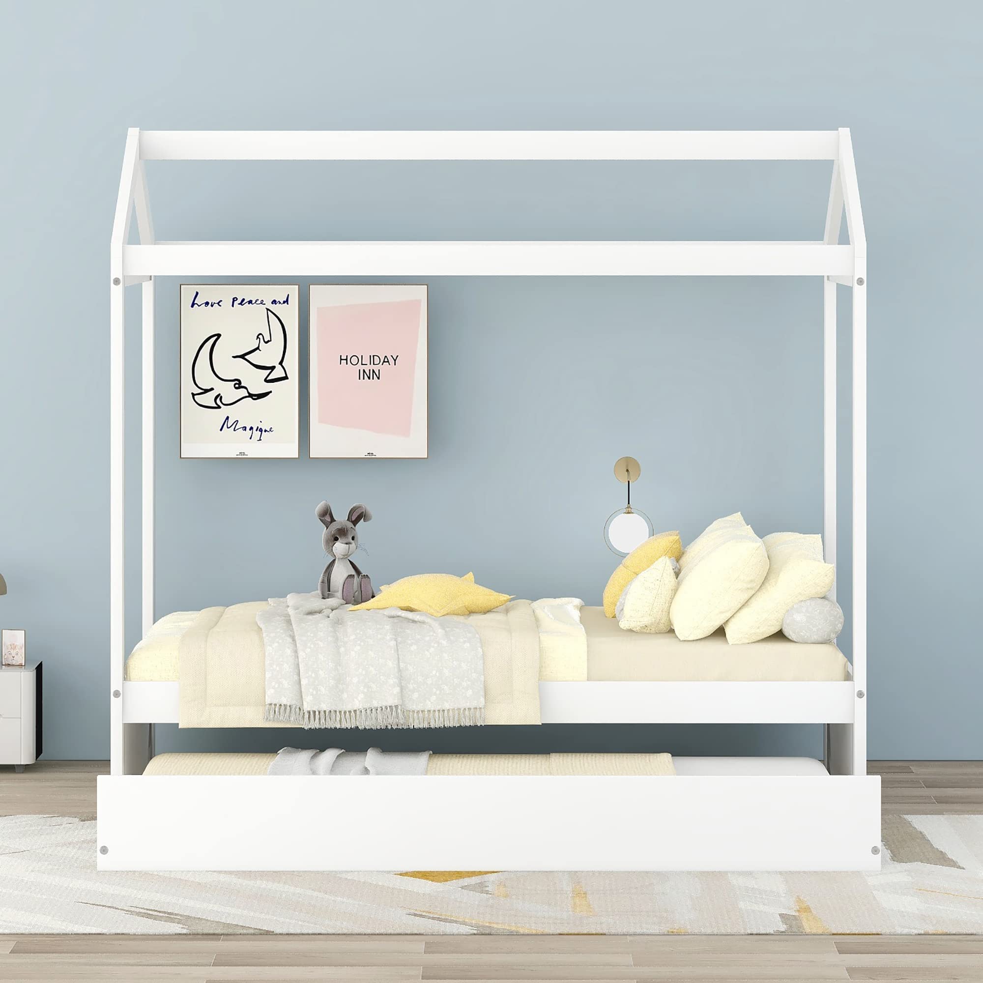 Harper & Bright Designs Twin Size Wooden Playhouse Bed Frame for Kids with Trundle & Roof - Montessori Style House Bed for Boys & Girls, No Box Spring Needed (White) - Perfect for Bedrooms, Playrooms & Imaginative Play Spaces