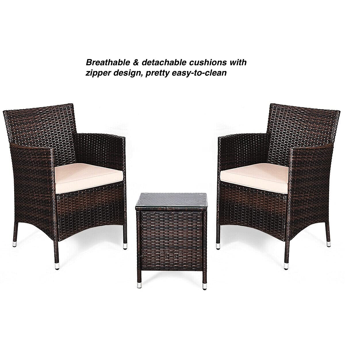 3-Piece Outdoor Patio Furniture Set with 2 Rattan Chairs & 1 Tempered Glass Coffee Table - Beige Cushions for Backyard, Deck, Balcony, Poolside & Outdoor Living Spaces - Perfect for Relaxing, Entertaining & Enjoying Nature