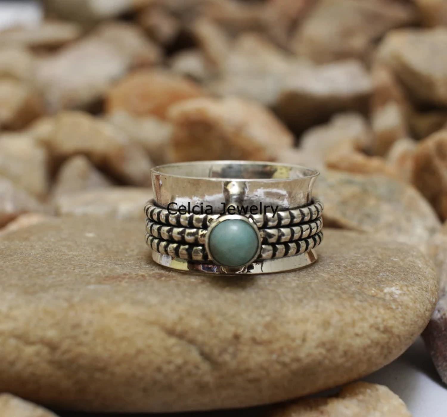 Larimar Gemstone Silver Spinner Ring - Handmade Fidget Anxiety Relief Ring for Stress & Meditation - Unique Spinning Jewelry Gift for Women & Men (Size 7) - Perfect for Office, Travel & Mindfulness Practice