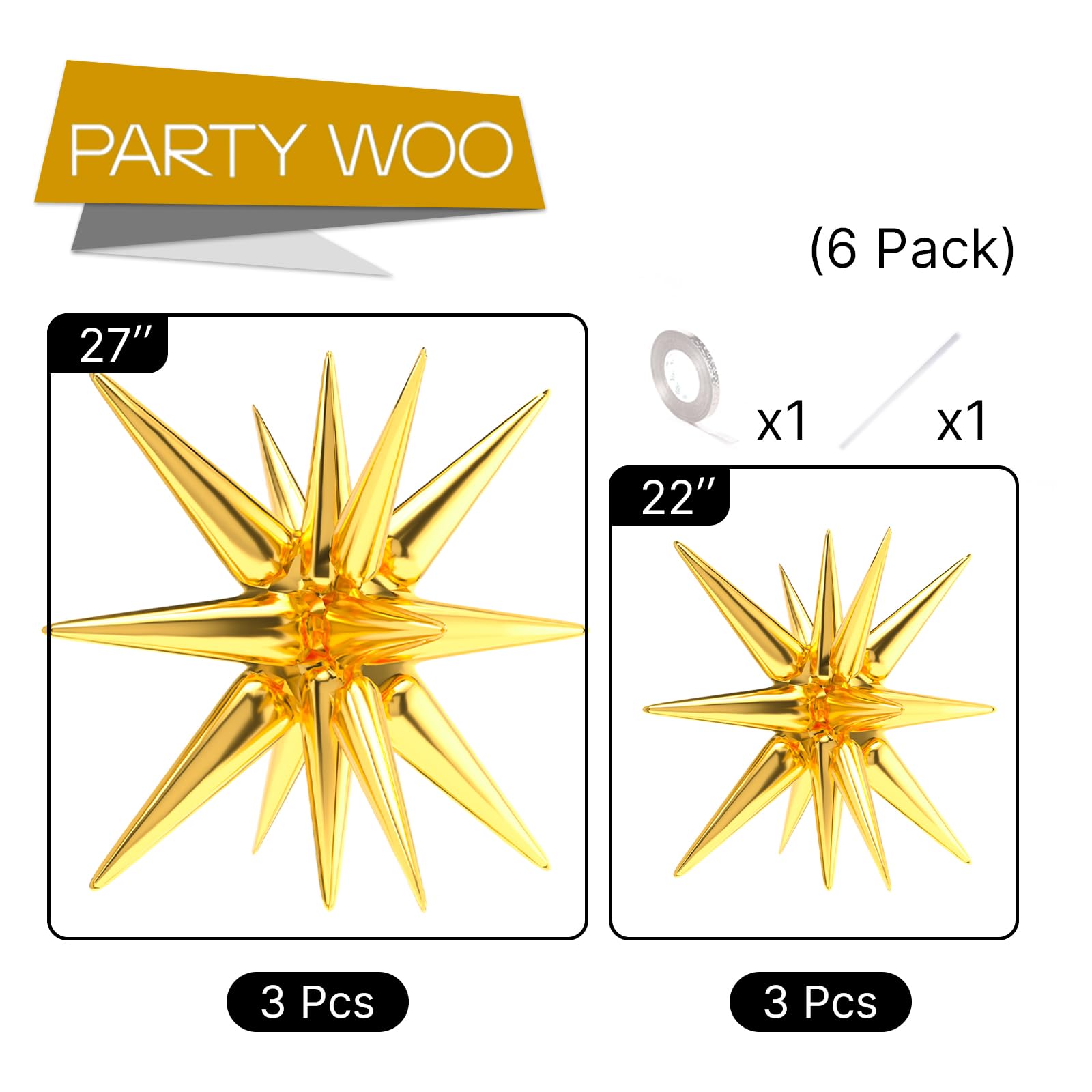 PartyWoo Gold Star Foil Balloons 6-Pack - 27