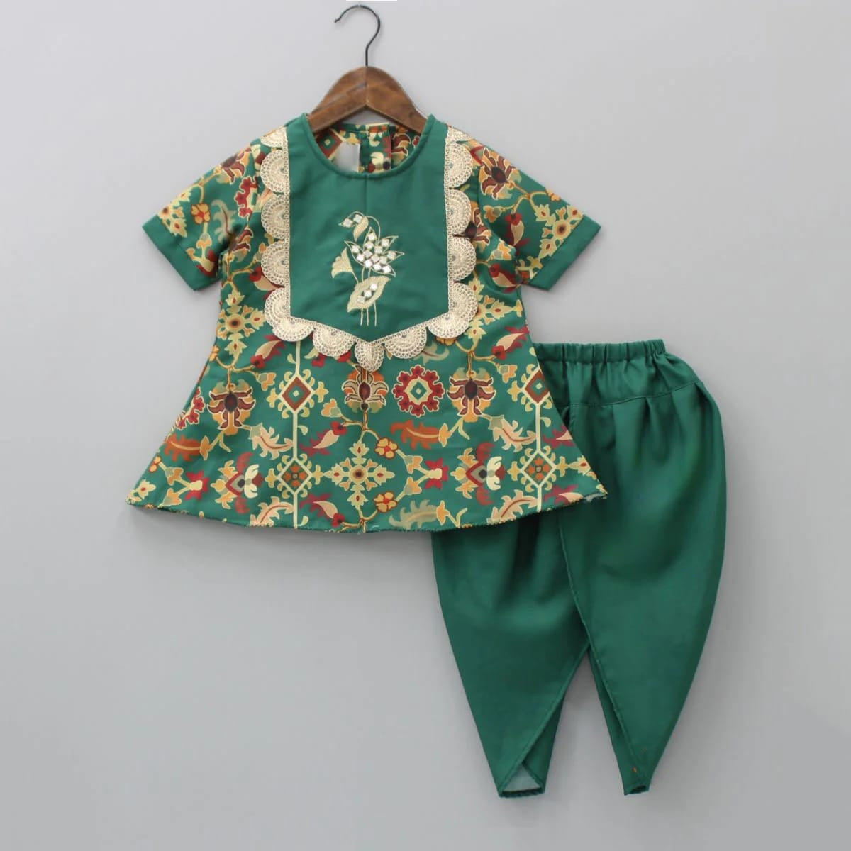 Pre Order: Stylish Bottle Green Ikkat Print Embroidered Kurti with Dhoti Pant Set - Indian Ethnic Wear for Women, Festive Outfit for Diwali, Weddings & Special Occasions