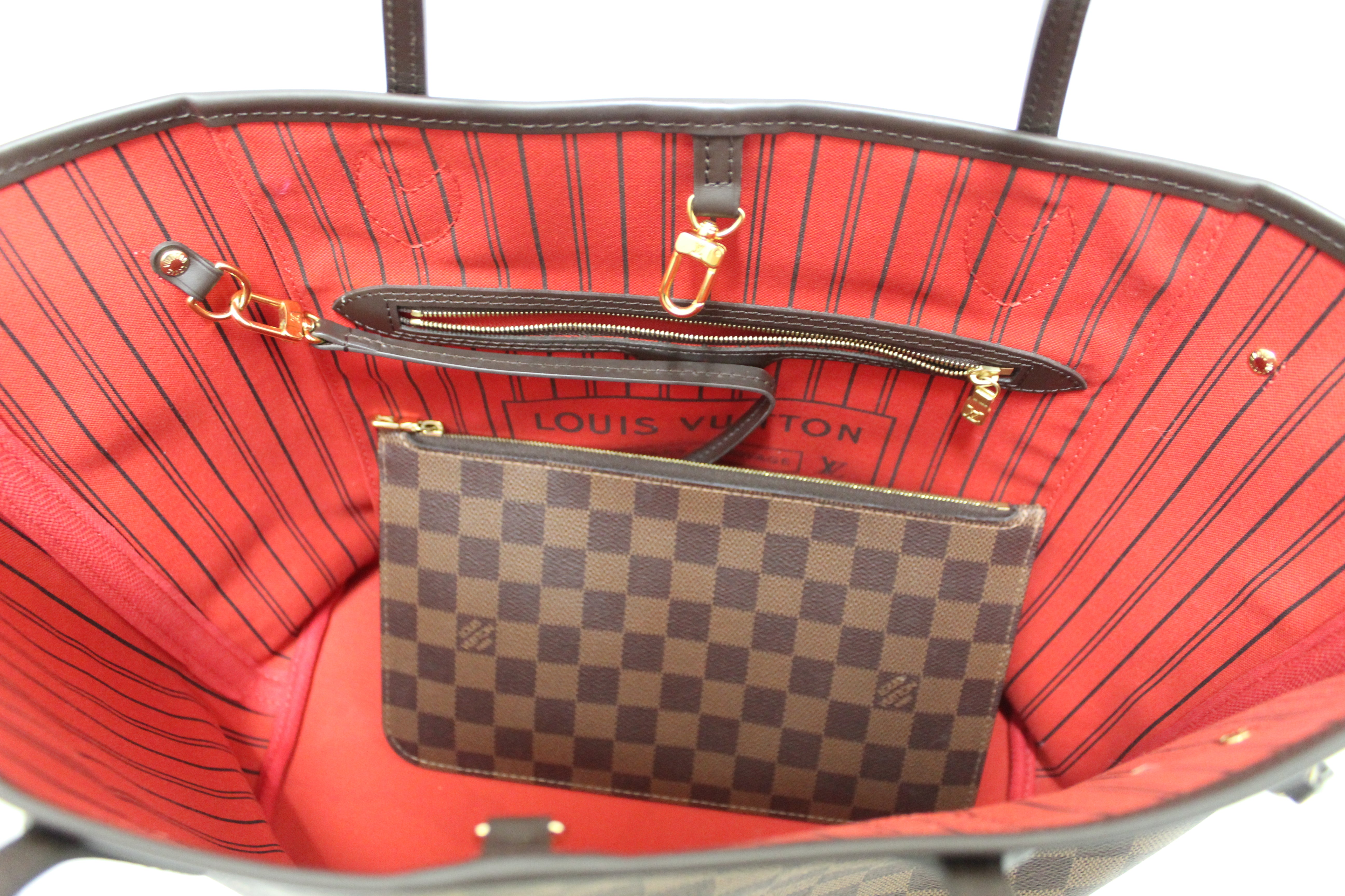Authentic Louis Vuitton Damier Ebene Canvas Neverfull MM Tote Bag with Red Interior - Luxury Designer Shoulder Bag for Women, Perfect for Work, Travel & Everyday Use
