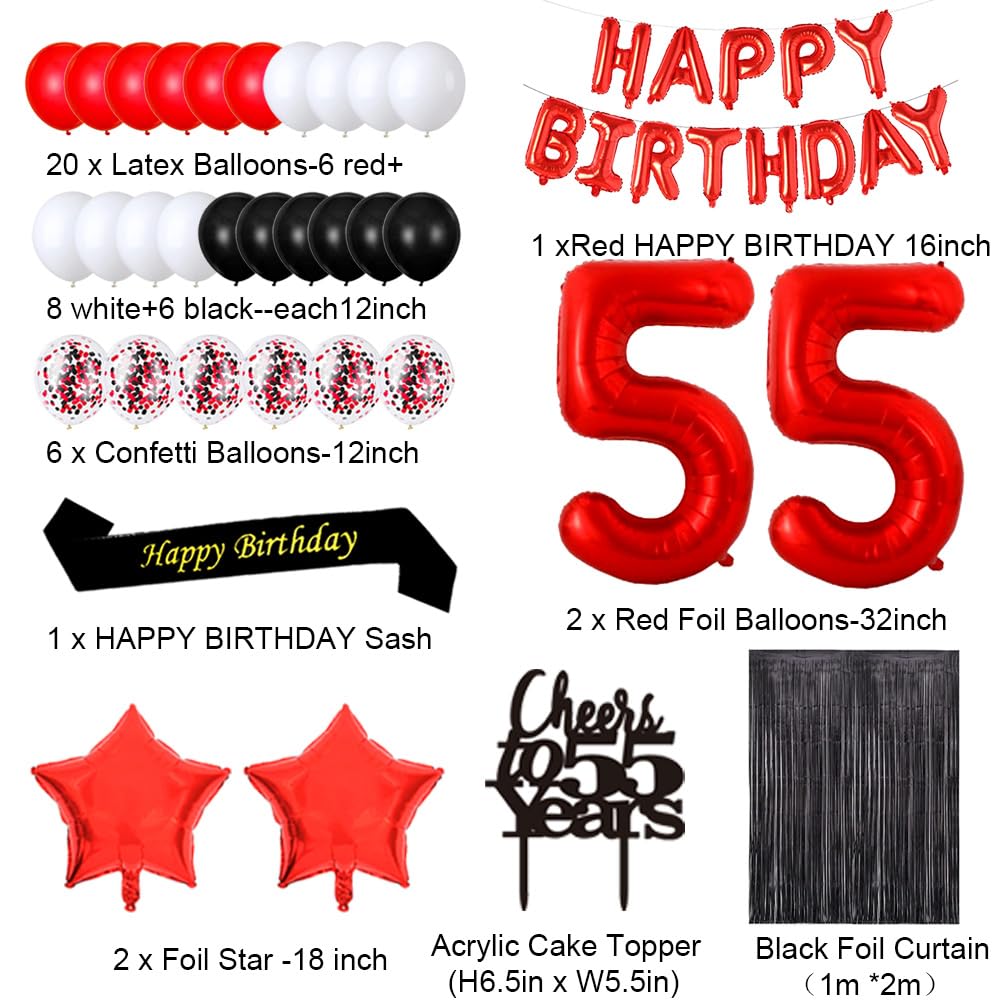 55th Birthday Party Decorations Set - Happy Birthday Banner, Sash, Cake Topper, Confetti & Balloons for Women | Cheers to 55 Years Celebration | Perfect for Milestone Birthday Parties, Retirement Celebrations & Special Occasions