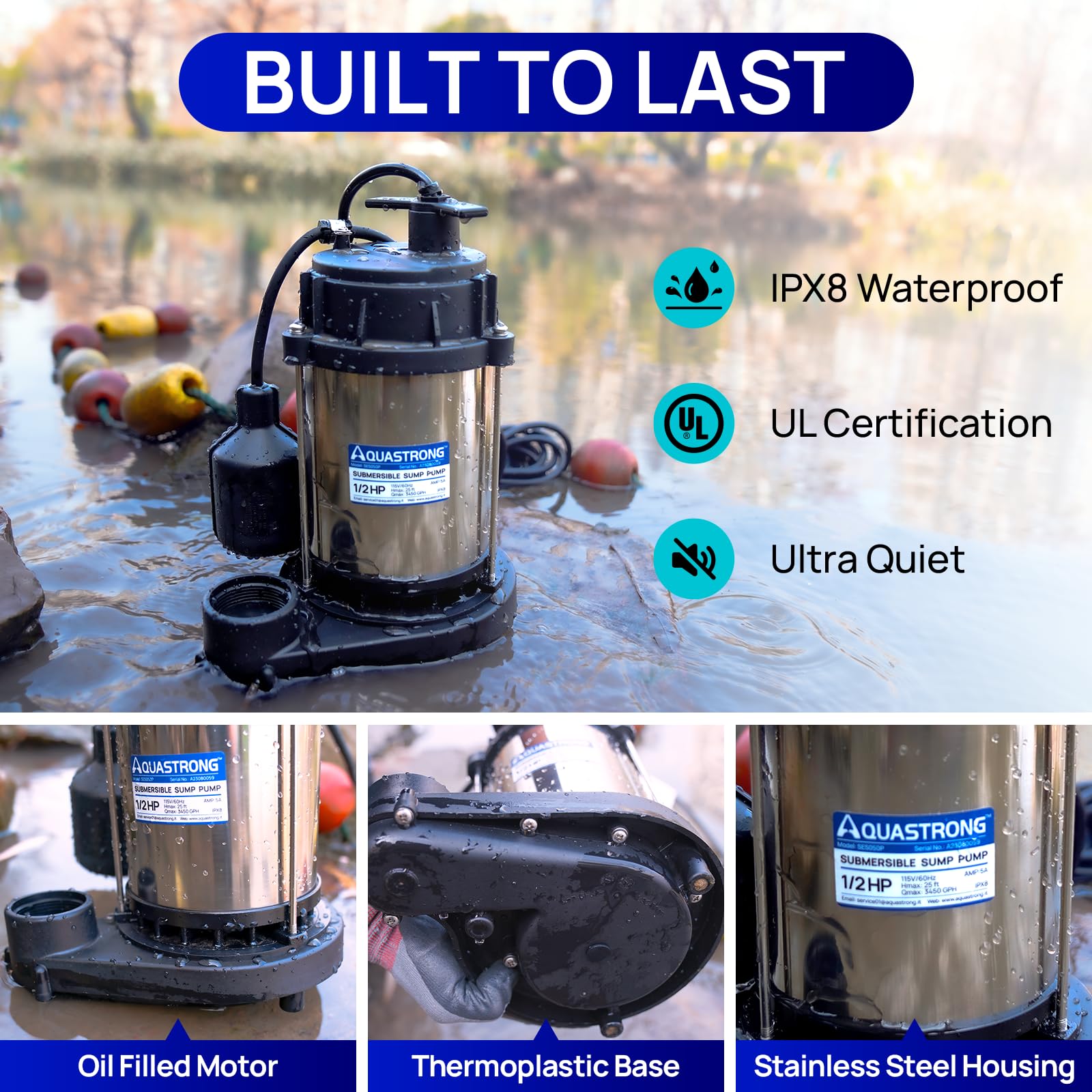 AQUASTRONG 1/2 HP Submersible Sump Pump - 3450 GPH High Capacity, Stainless Steel & Thermoplastic Construction, Automatic Float Switch with Piggy-back Plug, 1-1/2