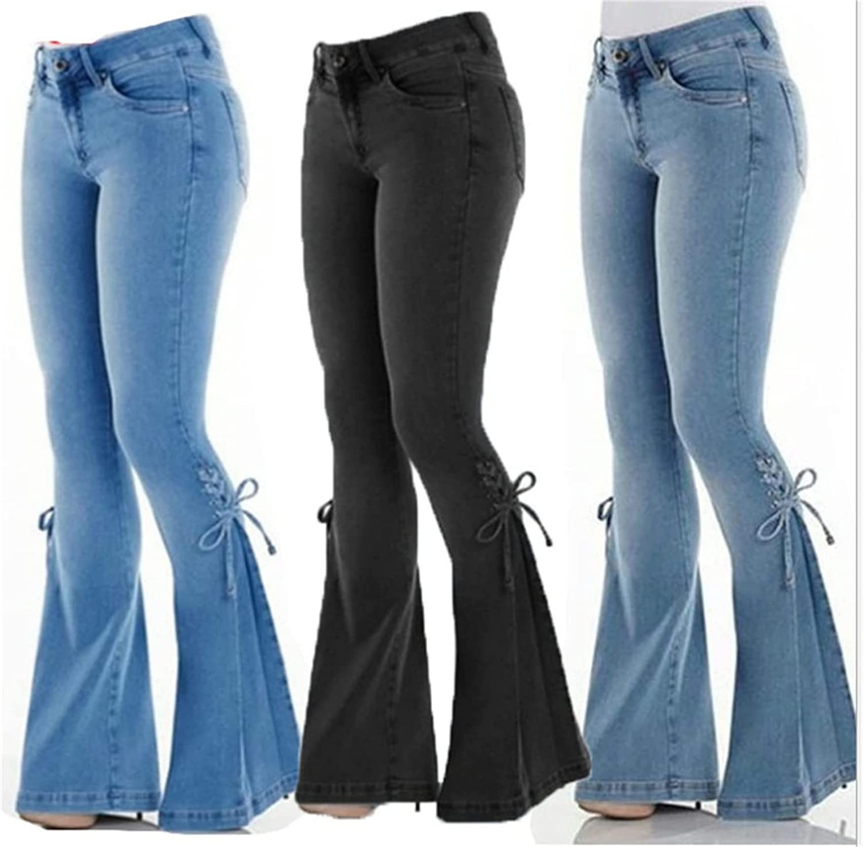 **Women's Stretchy Bell Bottom Jeans - High Waist Flare Denim Pants with Lace-Up Detail, Comfortable & Stylish (Medium 32.2W, Black) - Perfect for Casual Outfits, Retro Fashion & Boho Looks**