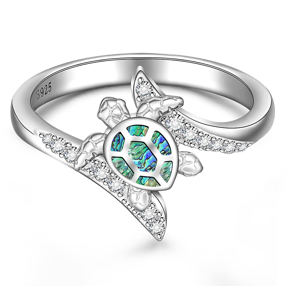 Sterling Silver Sea Turtle Ring with Abalone Shell - Ocean Wave Design for Women, Size 6-10 - Animal Jewelry, Good Luck Gift for Mother's Day & Longevity - Perfect for Beach Vacations, Boho Fashion & Spiritual Healing
