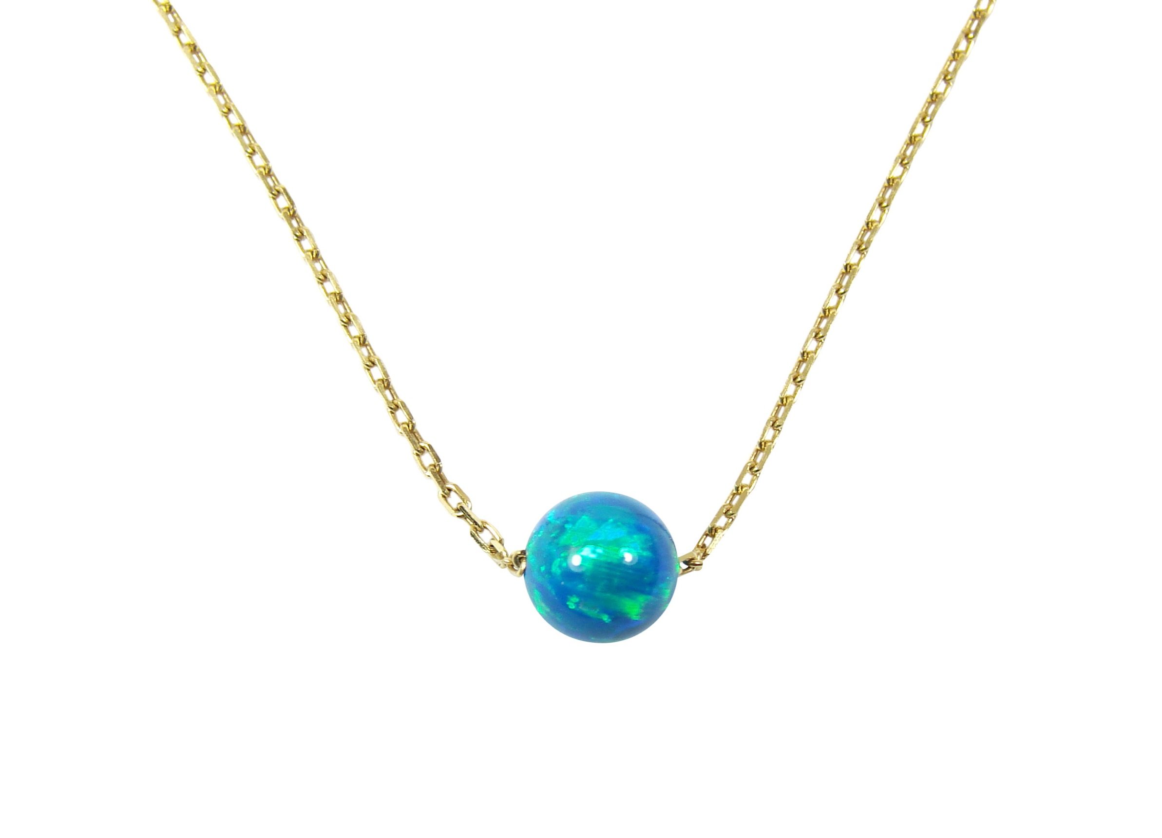 Peacock Blue Opal Ball Gold Plated Sterling Silver Necklace - Elegant Little Opal Bead Dot Necklace for Everyday Wear & Special Occasions