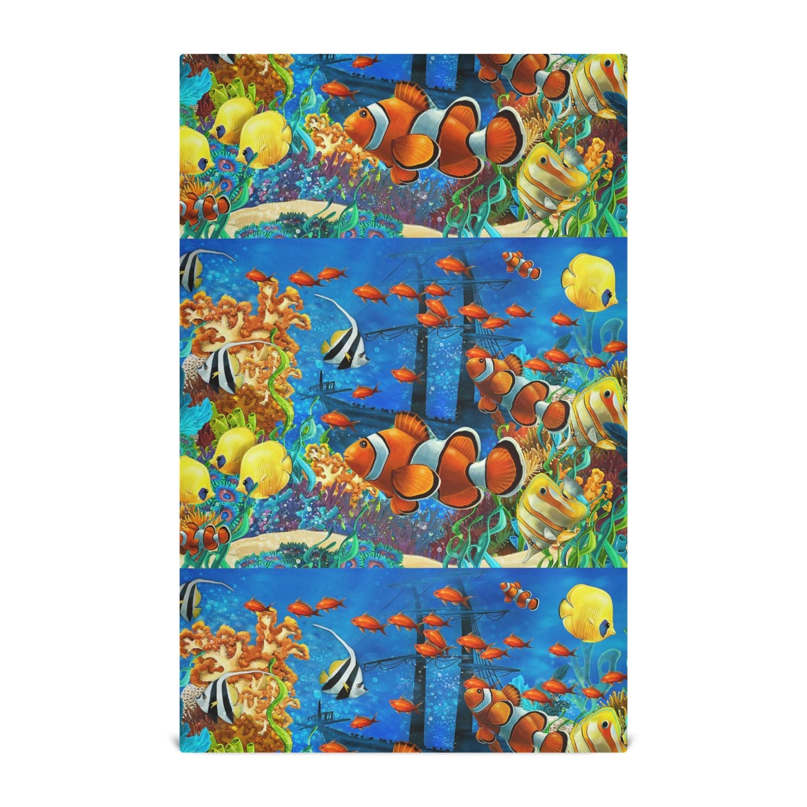 Orange Clownfish Coral Reef Kitchen Towel Set - Waffle Weave Dishcloth, Hemmed Bar Mugs Tea Towel with Hanging Loop - Colorful Undersea Life Decor for Beach House & Coastal Kitchen