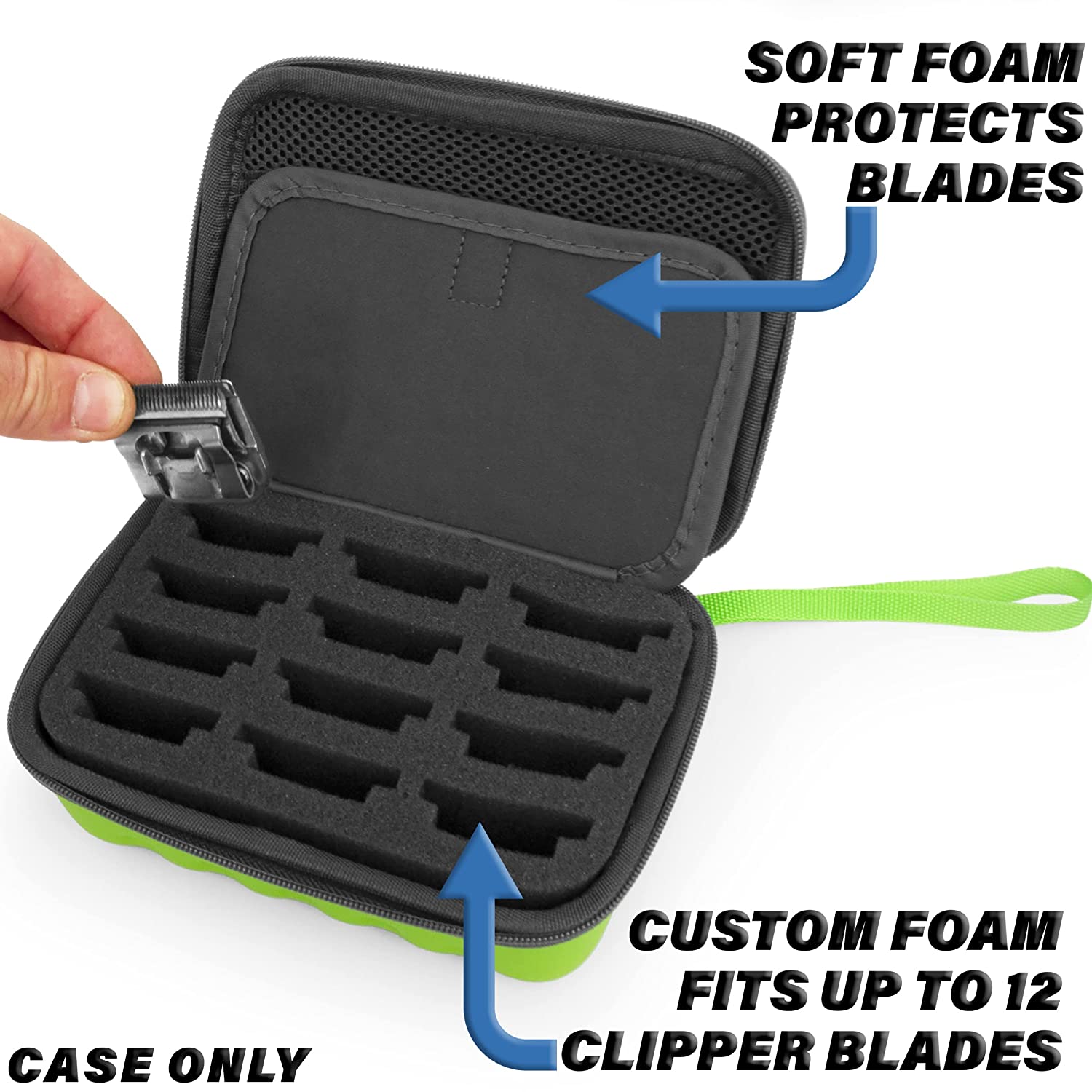 CASEMATIX Green Clipper Blade Holder for 12 Blades - Protective Storage Case with Barber Blade Foam Insert & Hard Shell | Professional Hair Clipper Organizer for Salon, Barbershop & Home Use