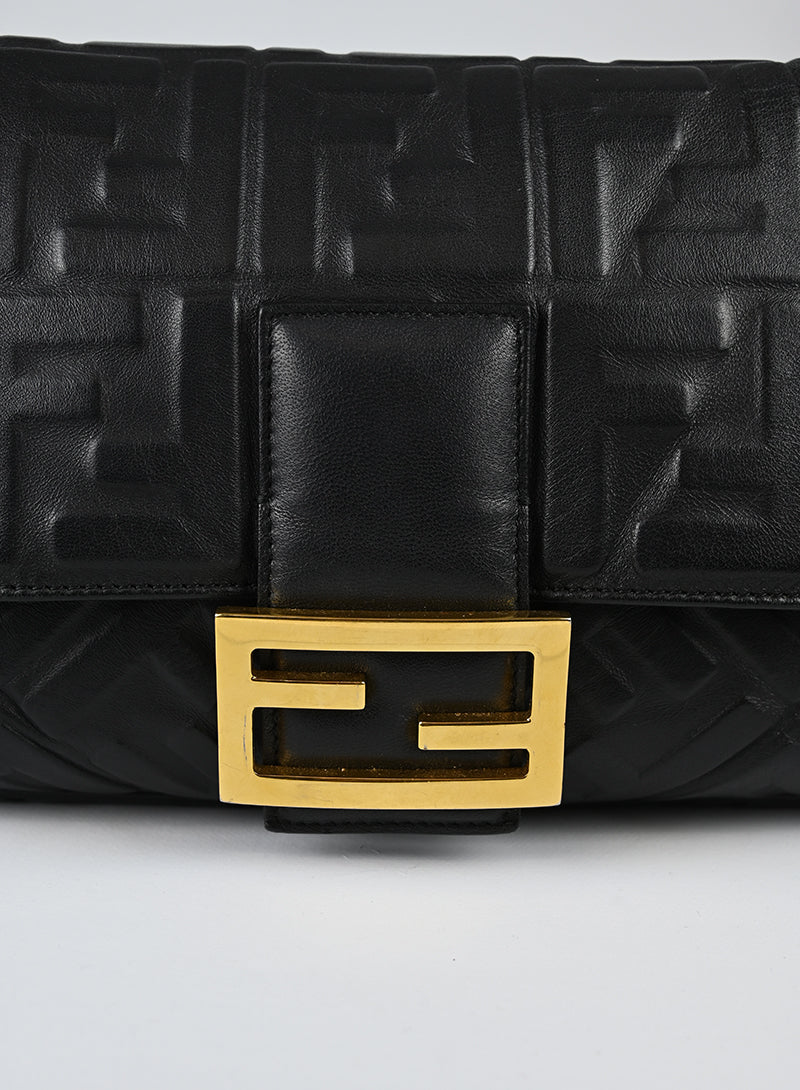 Fendi Black Leather Maxi Baguette Shoulder Bag with FF Logo - Perfect for Work, Travel & Evening Events