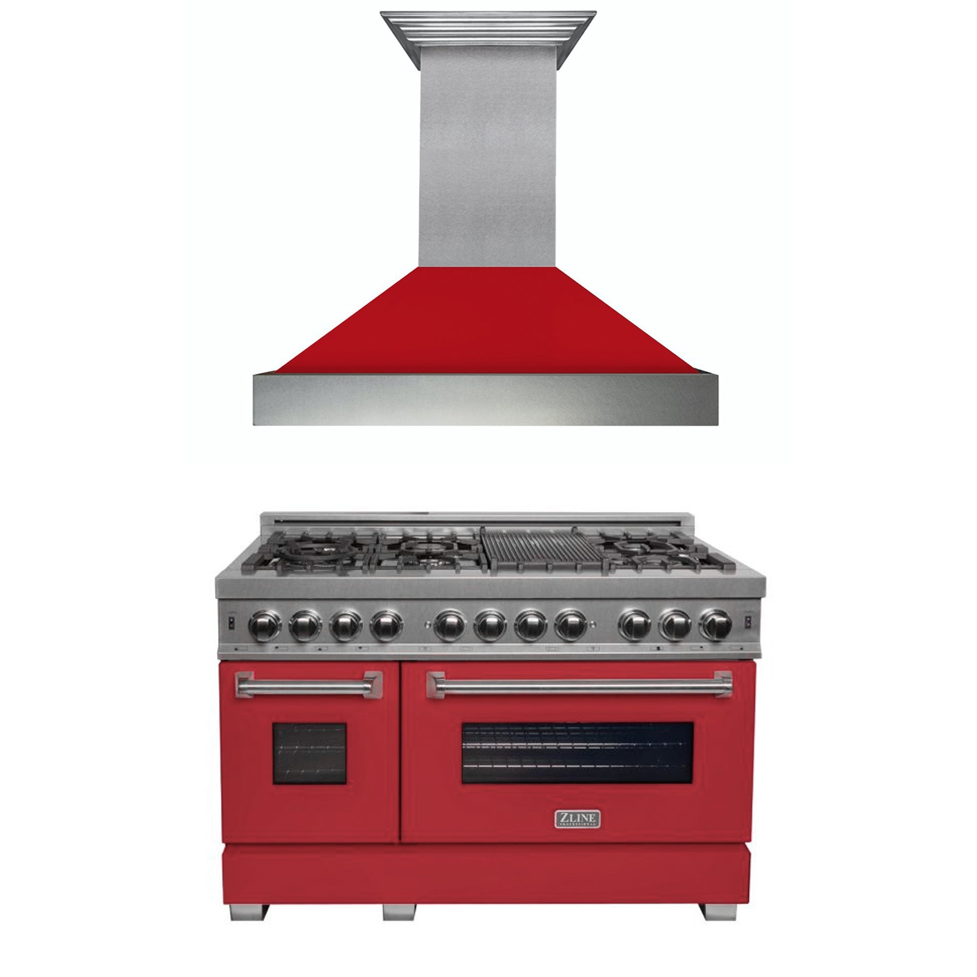 ZLINE 48-Inch Professional Dual Fuel Range with Red Matte Door & Convertible Vent Hood - Stainless Steel Kitchen Package for Modern Homes | Perfect for Gourmet Cooking & Open-Concept Kitchens