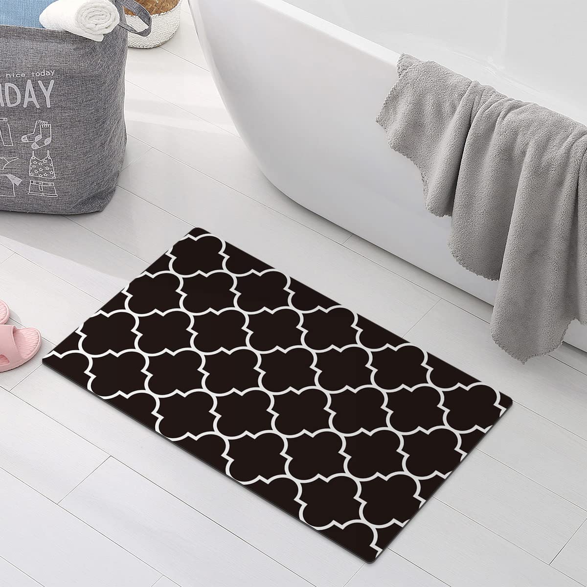 **Non-Slip Bath Mat for Bathroom Floor - Ultra Thin Water Absorbent Bathroom Rug with Rubber Backing - Washable Low Profile Indoor Mat for Shower, Entryway, Back Door - Easy Clean & Quick Dry (Black)**    *Perfect for bathrooms, showers, entryways, and back doors to keep floors dry and safe.*