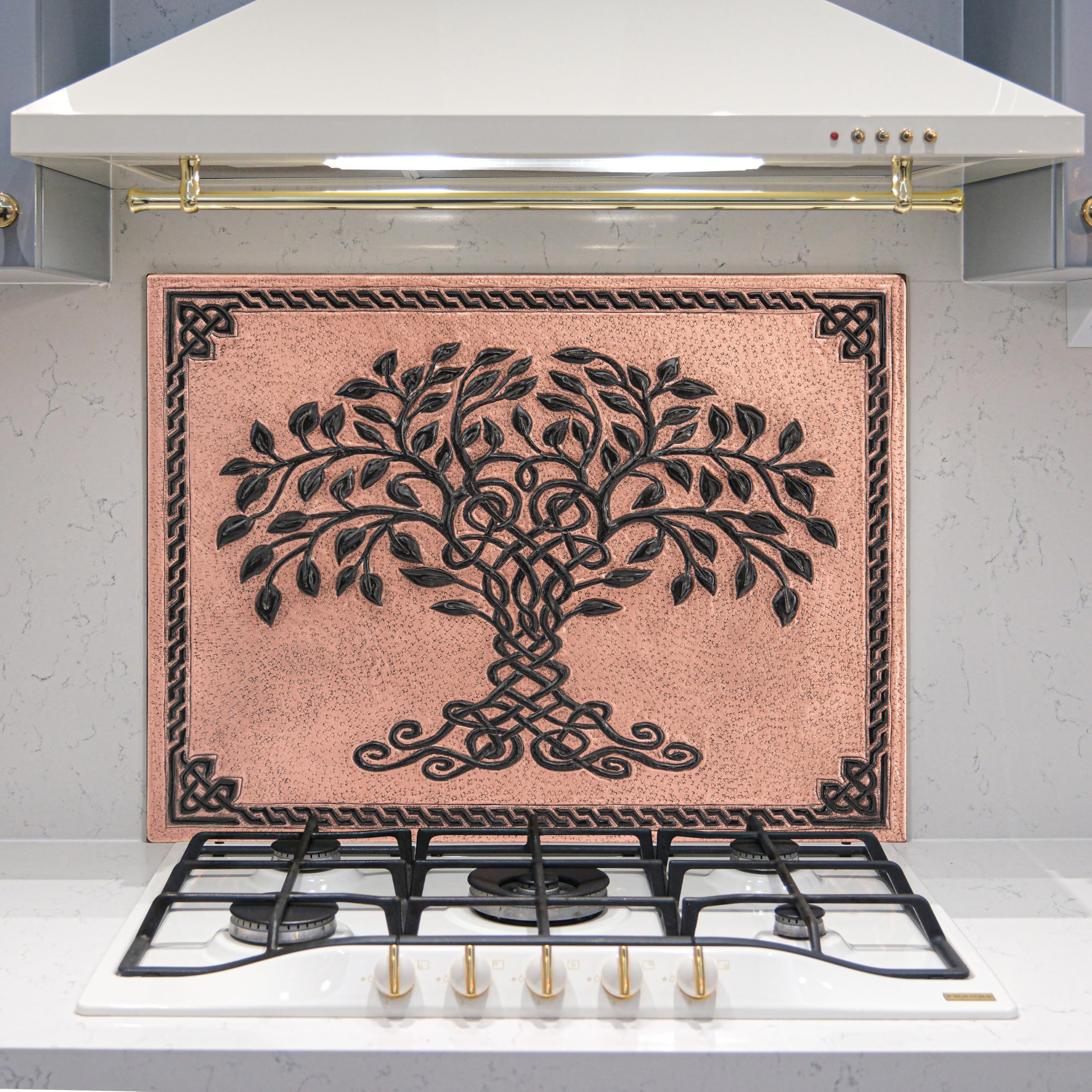 Handmade Copper Kitchen Backsplash Tiles - Celtic Tree of Life Design with Knot Border, Custom Stove Backsplash Panel for Indoor & Outdoor Wall Decor (Copper & Black) | Perfect for Farmhouse, Rustic & Modern Kitchens, Bathrooms & Outdoor Living Spaces