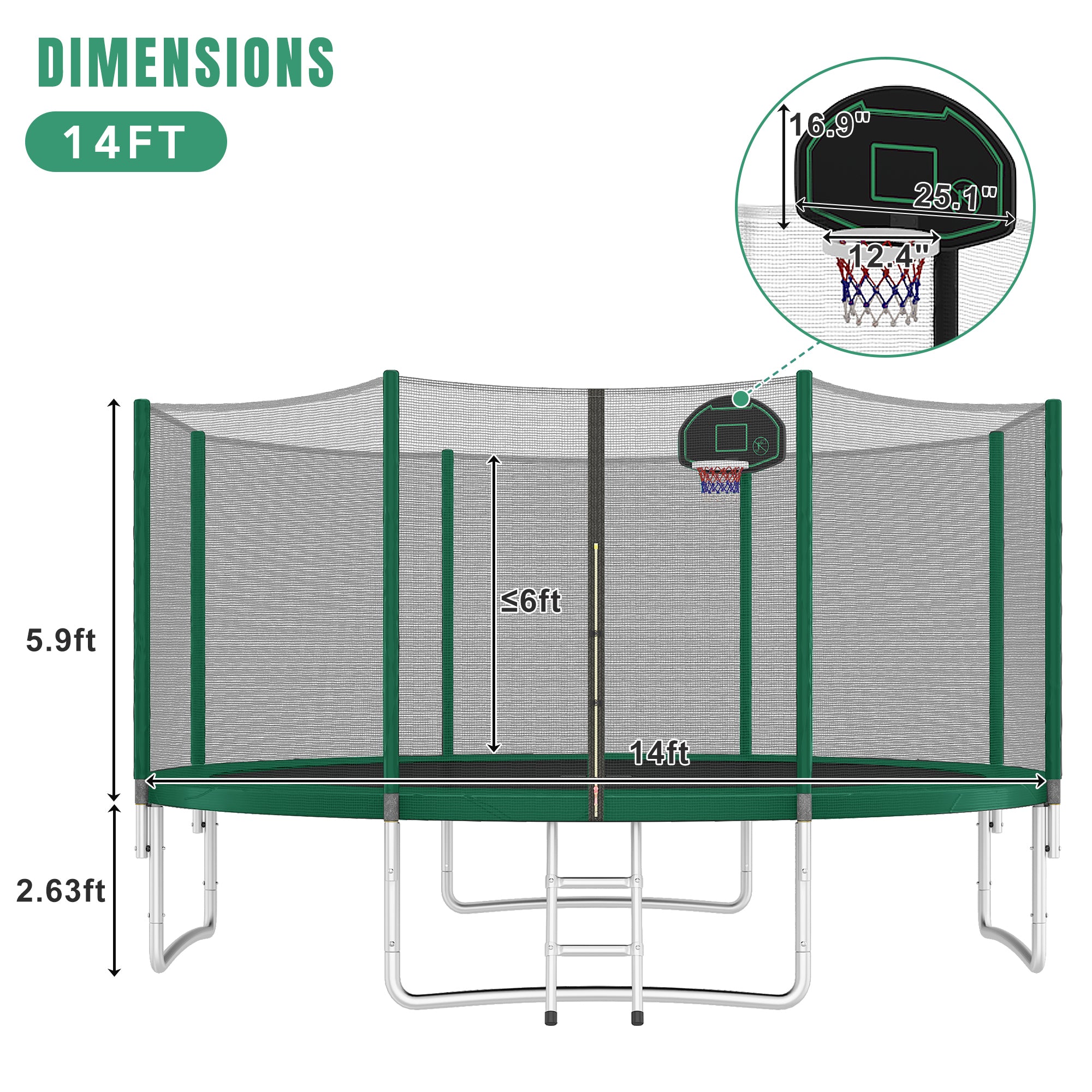 14FT Kids Trampoline with Safety Enclosure Net, Basketball Hoop & Ladder - Easy Assembly Outdoor Round Trampoline for Backyard, Garden & Playground Fun