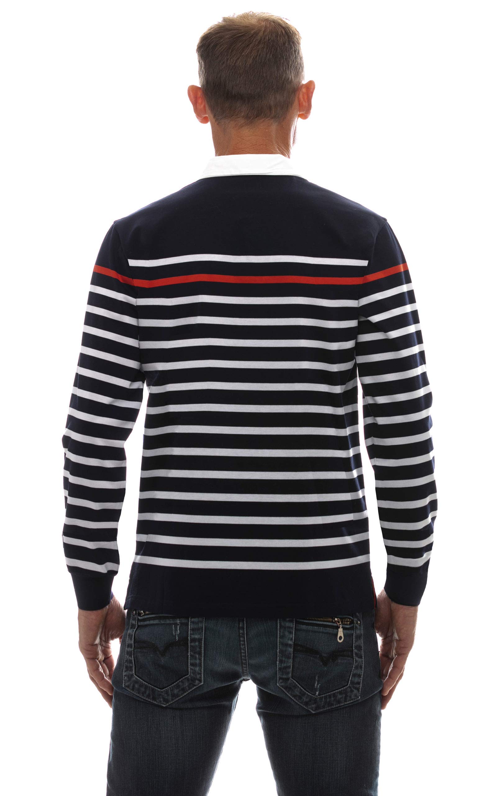 UGHOLIN Men's Breton Stripe Cotton Long Sleeve Polo Shirt - Classic Casual Button Down Shirt for Work, Office & Everyday Wear | Breathable Comfort Fit