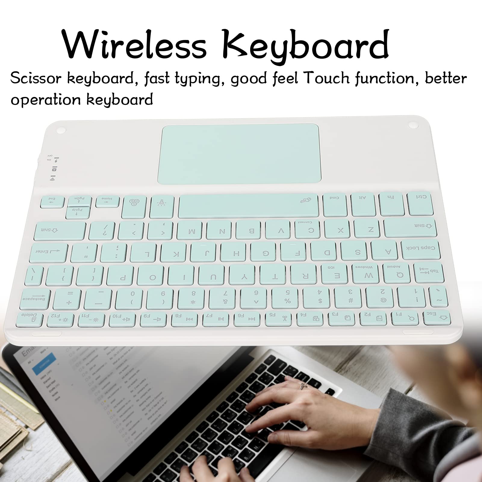 10 Inch Ultra Silent Portable Bluetooth Keyboard with Touchpad - Mini Ergonomic Keyboard for Laptop, Tablet, Smartphone, Computer (Cyan) - Perfect for Home, Office, and Travel Use